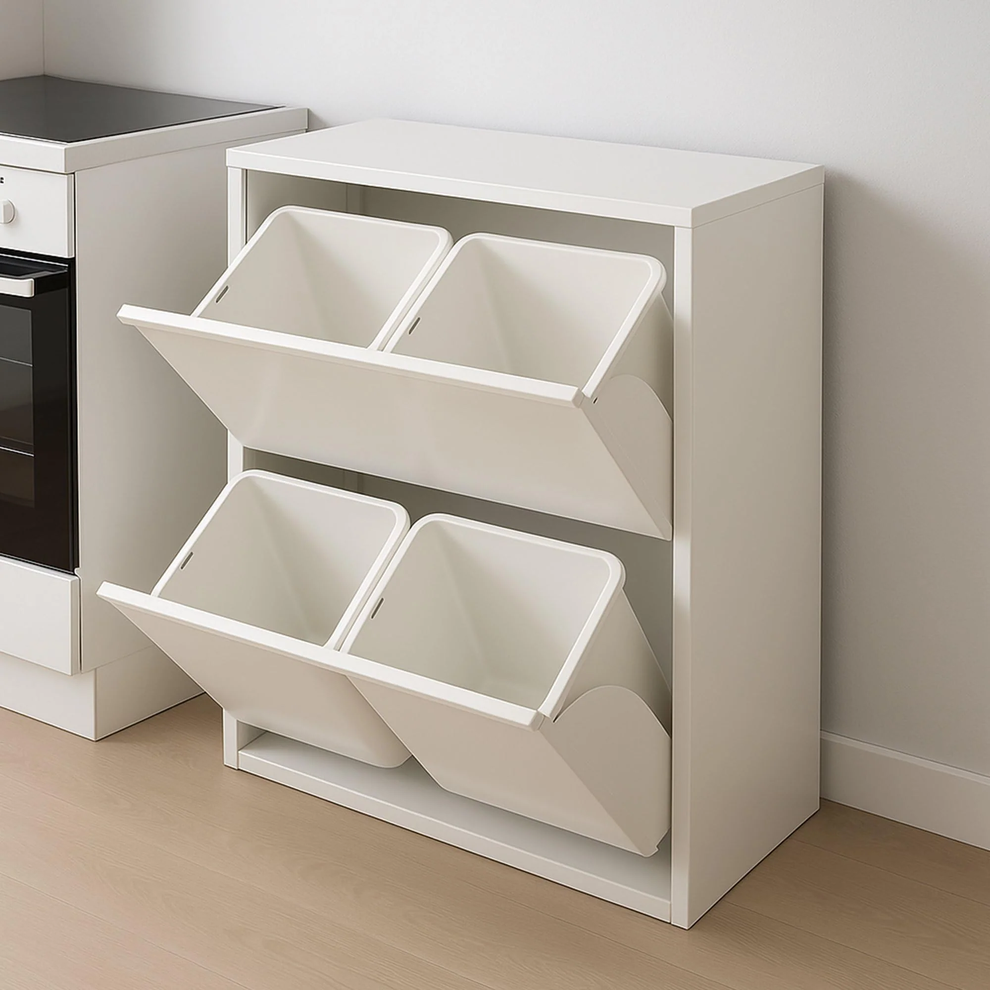 Dmora Platzsparender Abfalleimer für differenziert mit vier Eimer, Farbe weiss, Masse 60 x 92 x 25 c