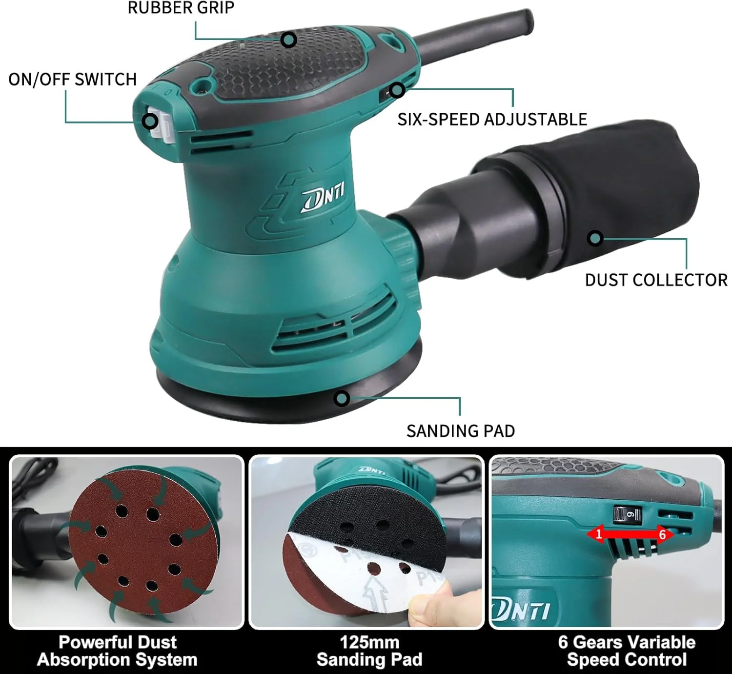 DNTI Exzenterschleifer 350W, 125mm Schleifmaschine 5,000-13,000 U/min mit 6-stufige Drehzahlregelung - Image 2