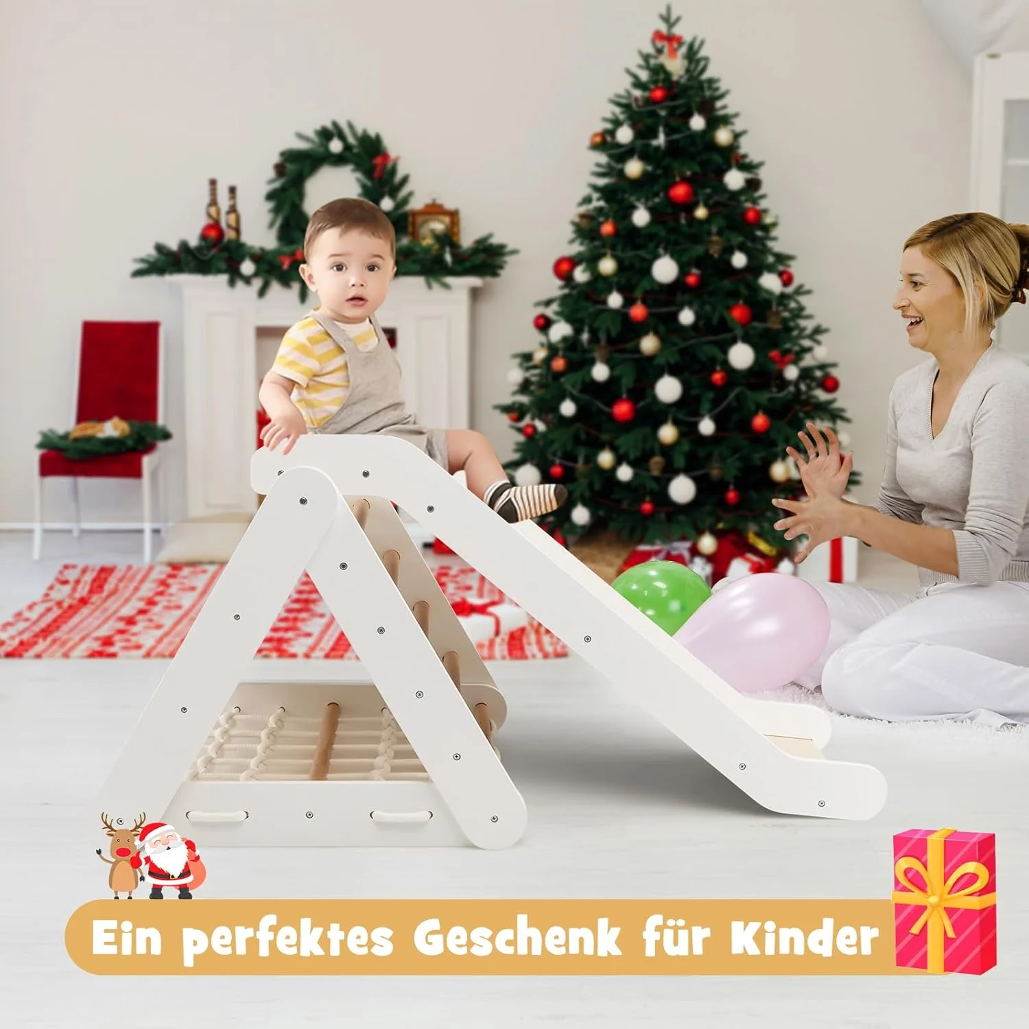 DREAMADE 4 IN 1 Kletterdreieck mit Rutsche und Kletternetz, Holzdreieck Kletterspielzeug aus Holz, I - Image 8