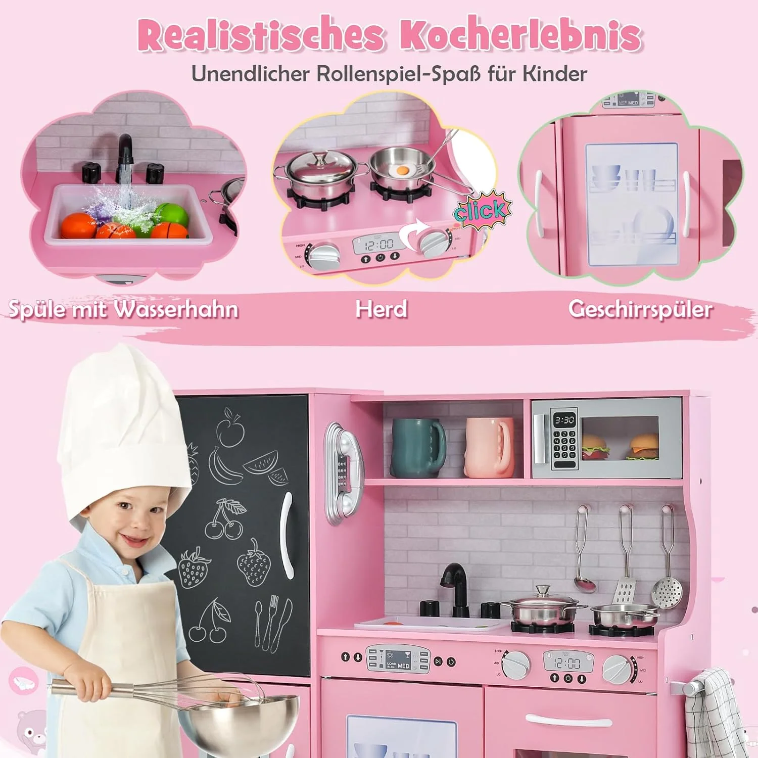 DREAMADE Kinderküche Holz mit Zubehör, Kinderspielküche Holzküche mit Herd Geschirrspüler Eismaschin - Image 3