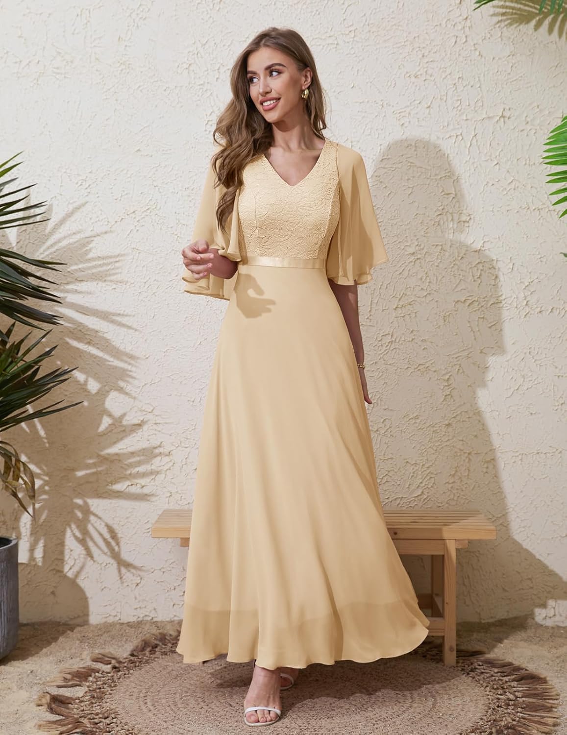 DRESSTELLS Abendkleid Damen Festlich Spitzenkleid für Hochzeit Chiffon Cape Ärmel Ballkleid Elegant - Image 6