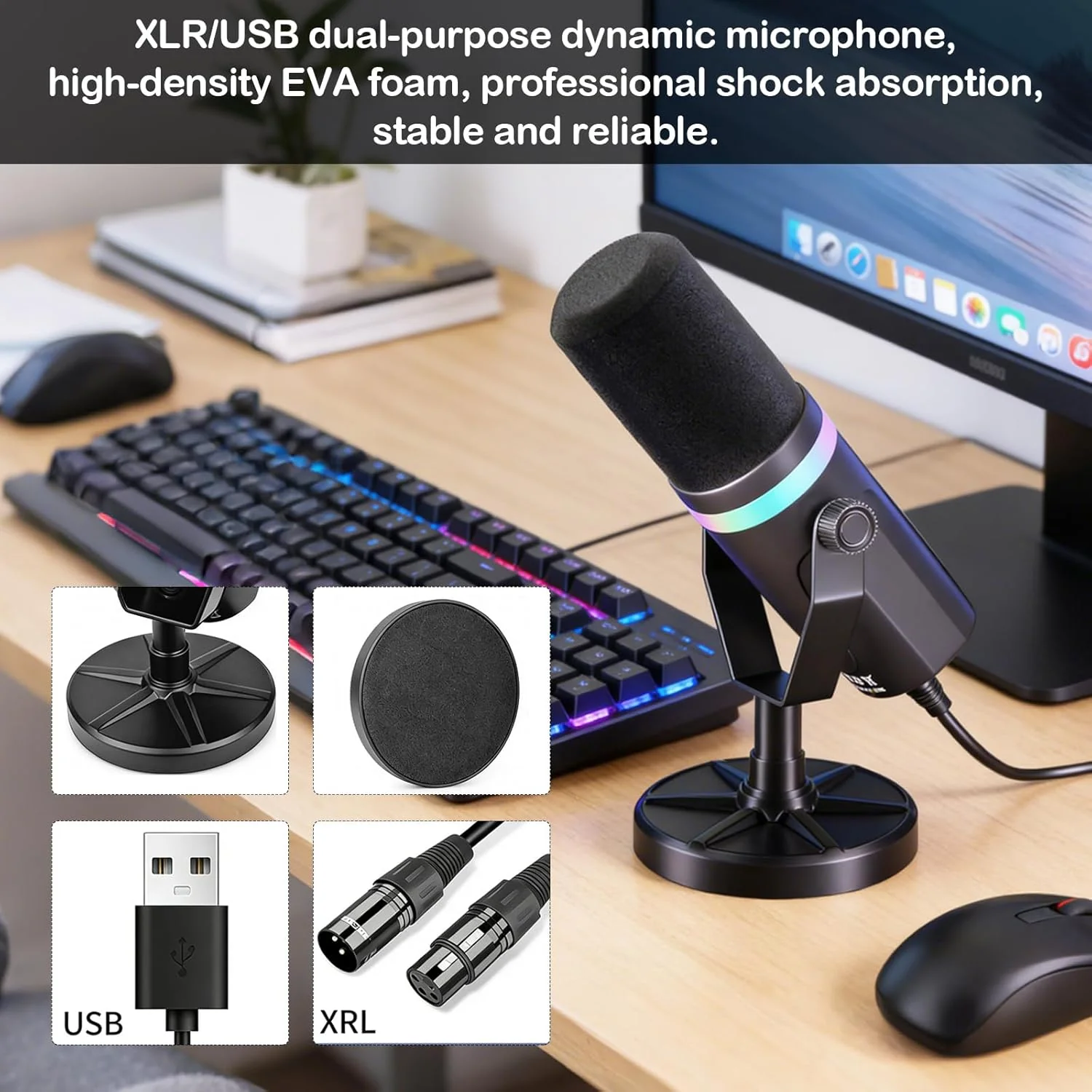 Dual-Interface Mikrofon, mit RGB-Atmungslicht und Echtzeit-Monitoring, 192 kHz/24 Bit, XLR/USB Dynam - Image 4