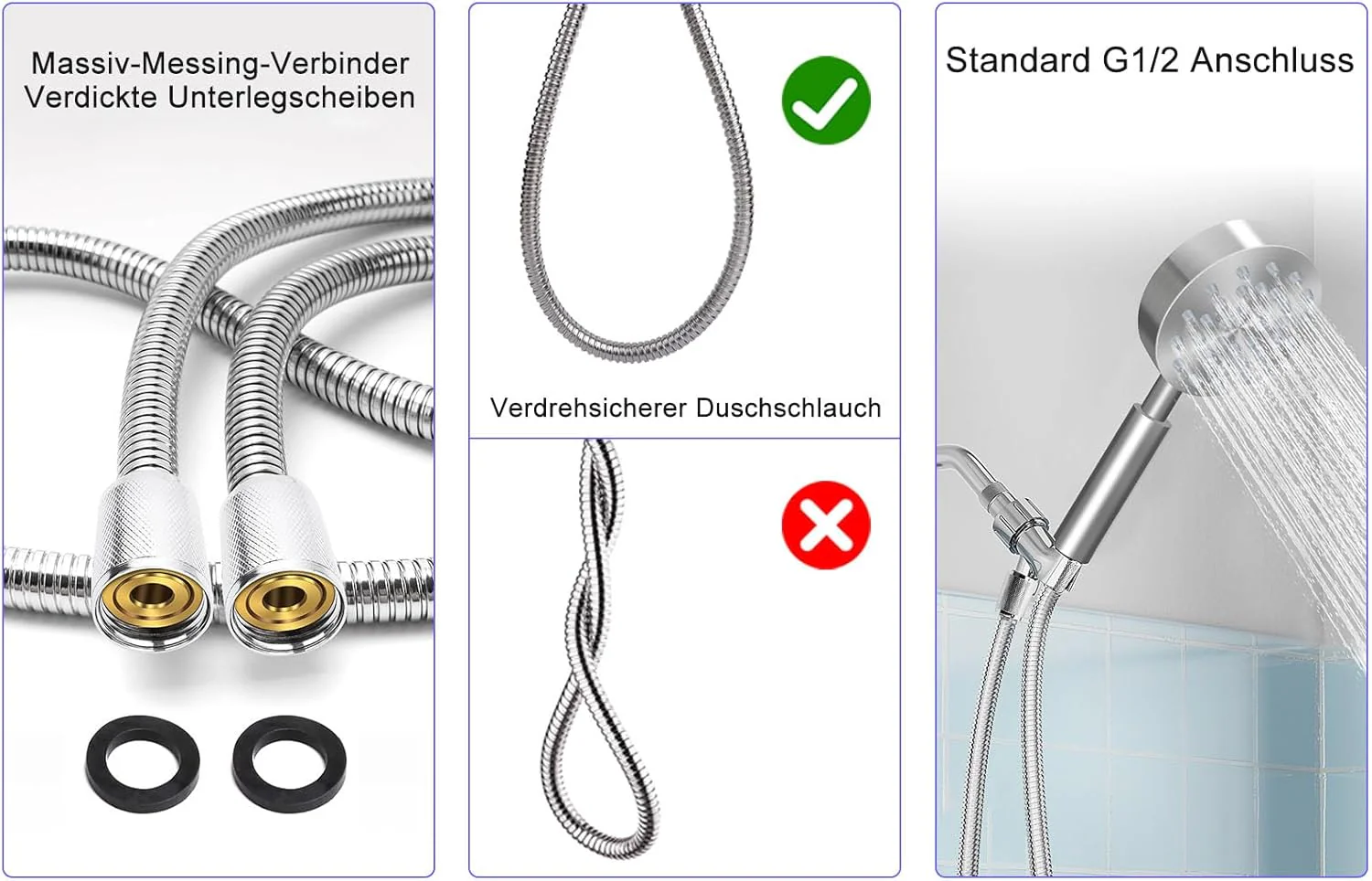 Duschkopf Edelstahl mit Schlauch, Metall Duschbrause, Hochdruck Handbrause Wassersparend, Duschkopf - Image 6