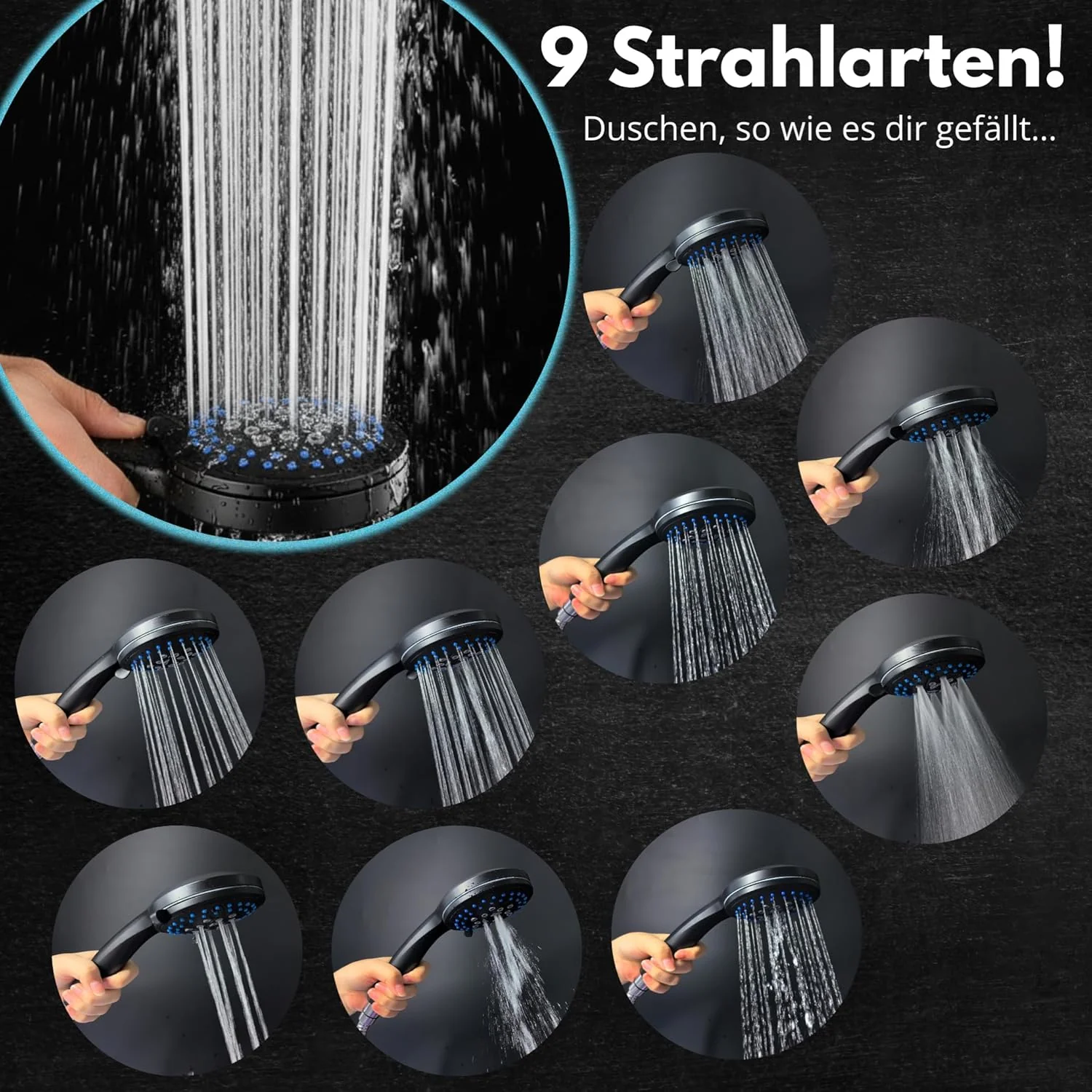 Duschkopf schwarz Energy Rain mit 9 Strahlarten, Shower Head, Duschbrause, Handbrause Dusche Brausek - Image 3