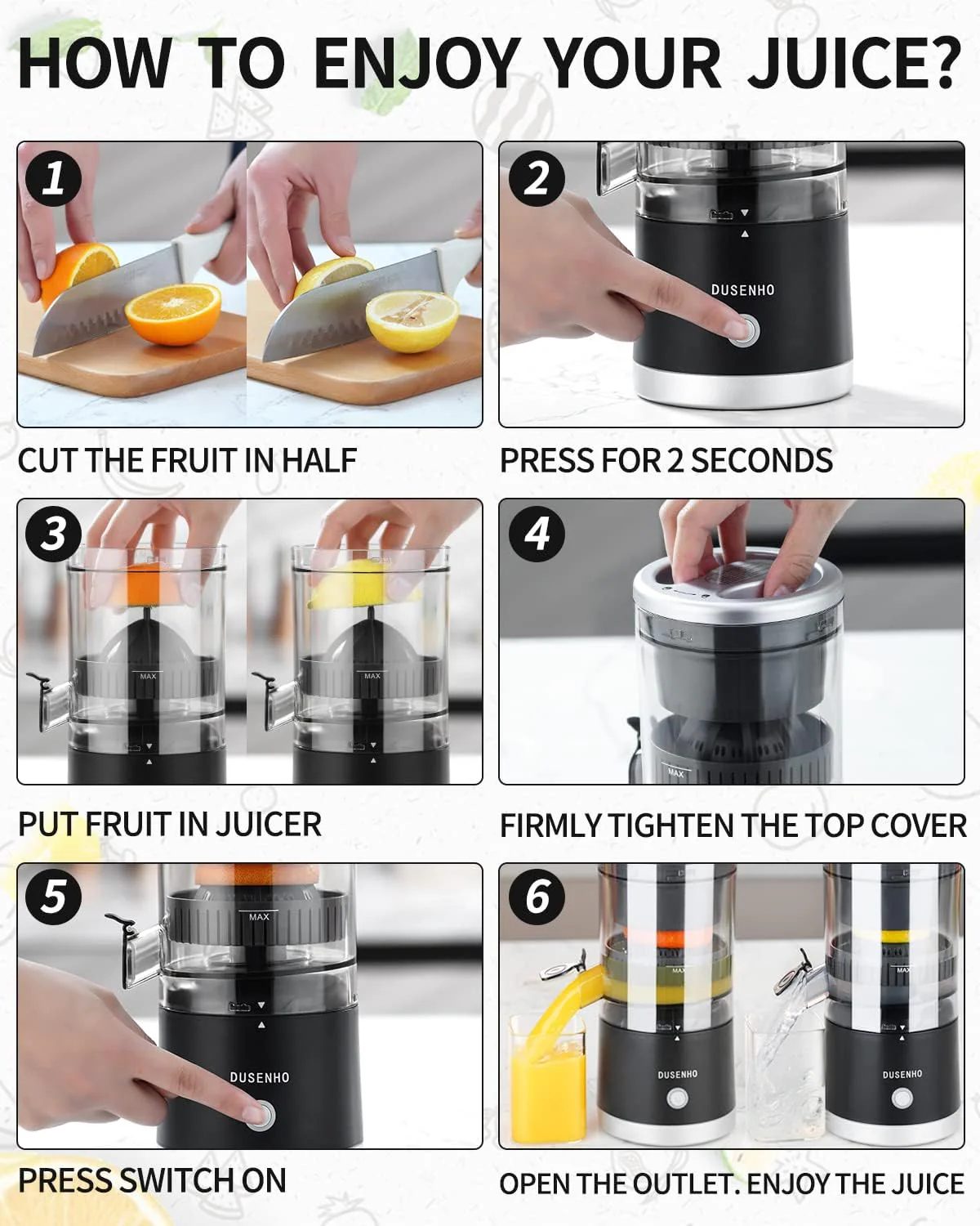 DUSENHO Zitronenpresse Elektrisch Organgenpresse Tragbare USB-Aufladung Juicer Entsafter für Orange, - Image 4