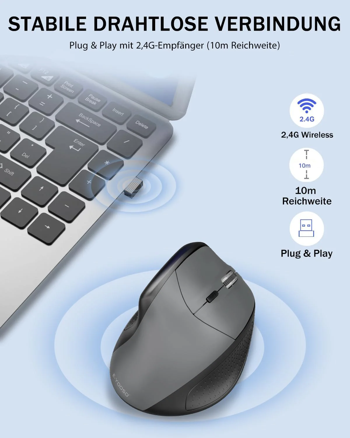 E-Yooso Ergonomische Kabellose Vertical Maus, mit 6 Tasten,Wiederaufladbarer Akku,5 einstellbaren DP - Image 3