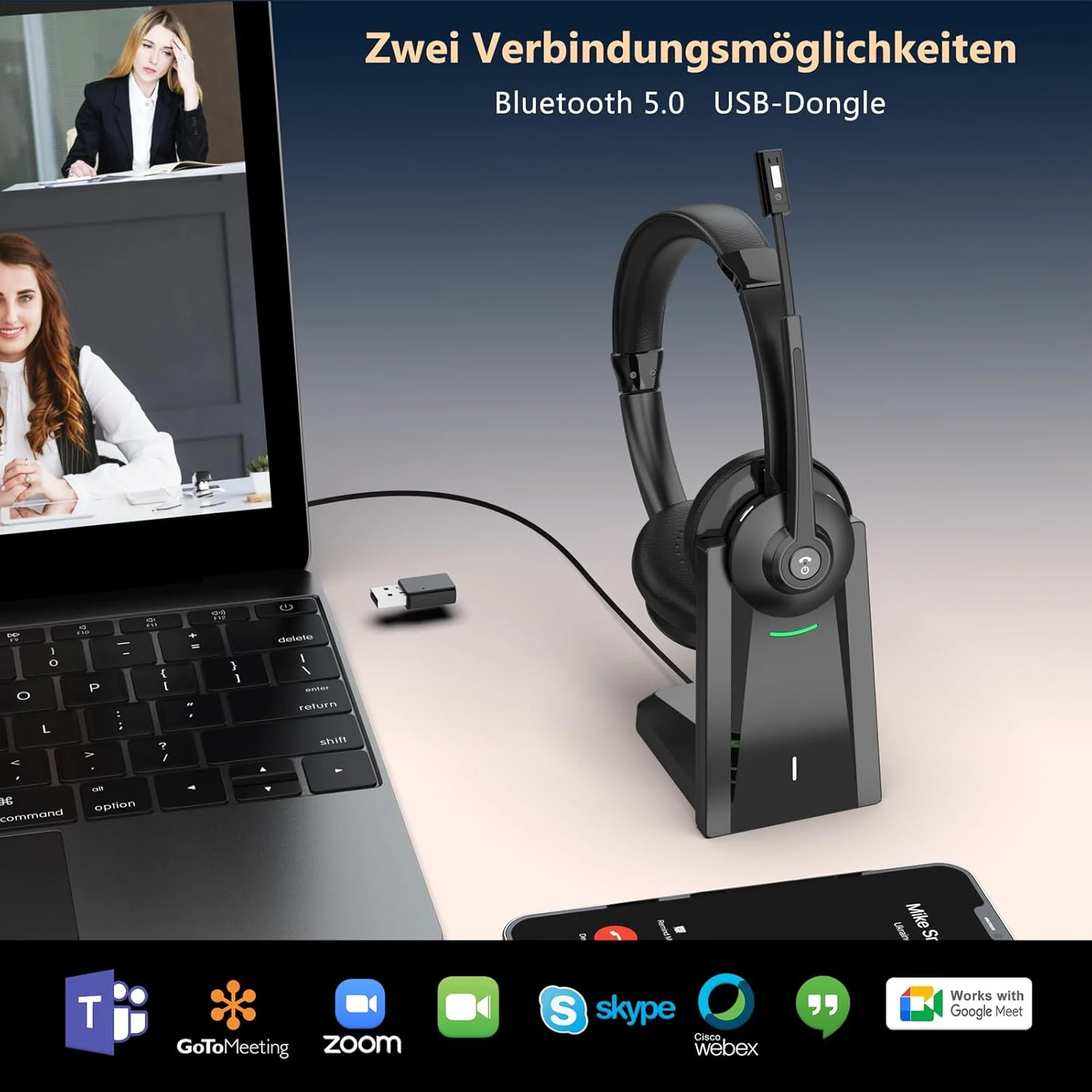Earbay Bluetooth Headset mit Mikrofon, Kabelloses Headset mit Ladestation & USB Dongle, Kabellose mi - Image 5