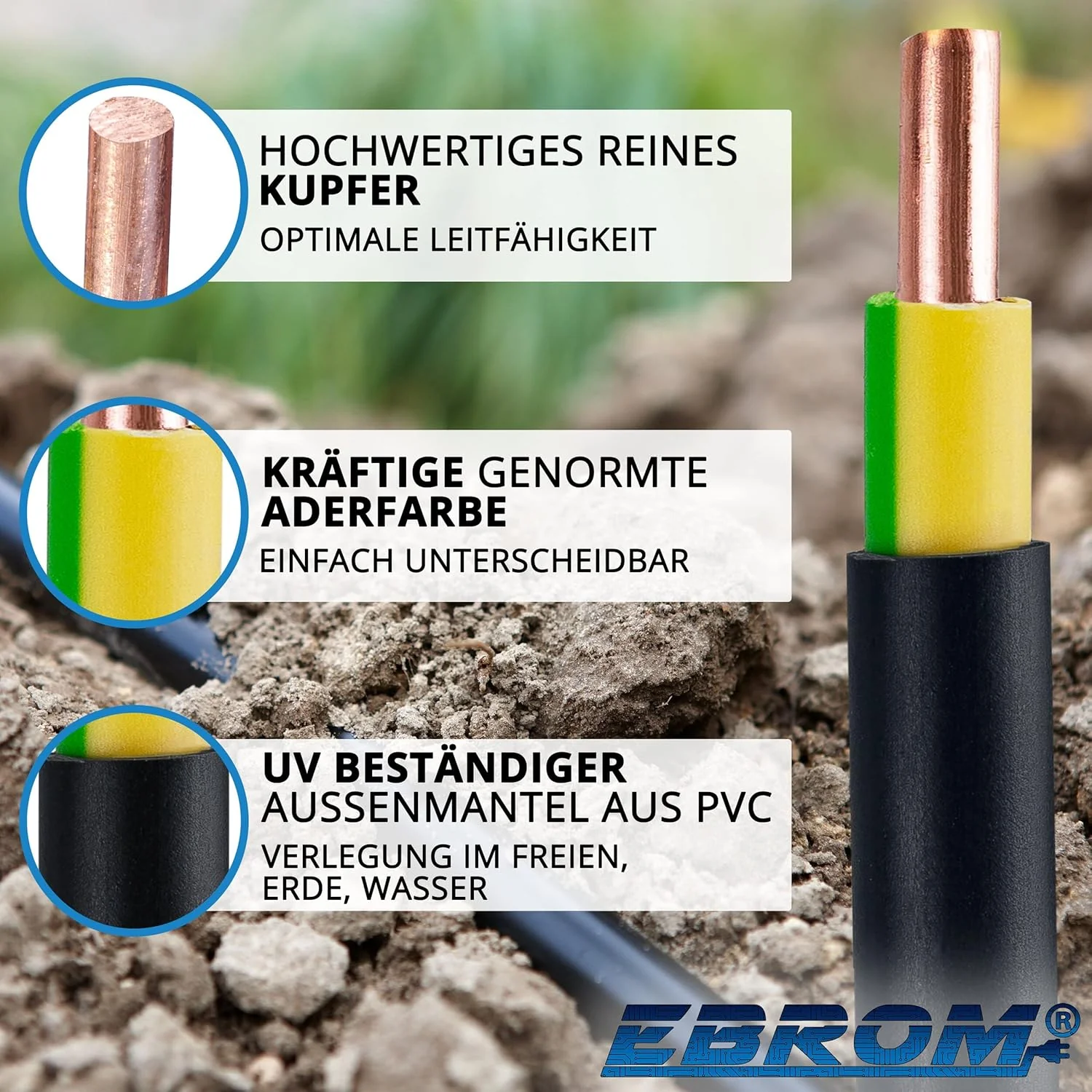 EBROM Erdkabel Erdungskabel NYY-J 1x16 mm² Starkstromkabel PVC Erdleitung Blitzschutz - schwarz - Me - Image 2
