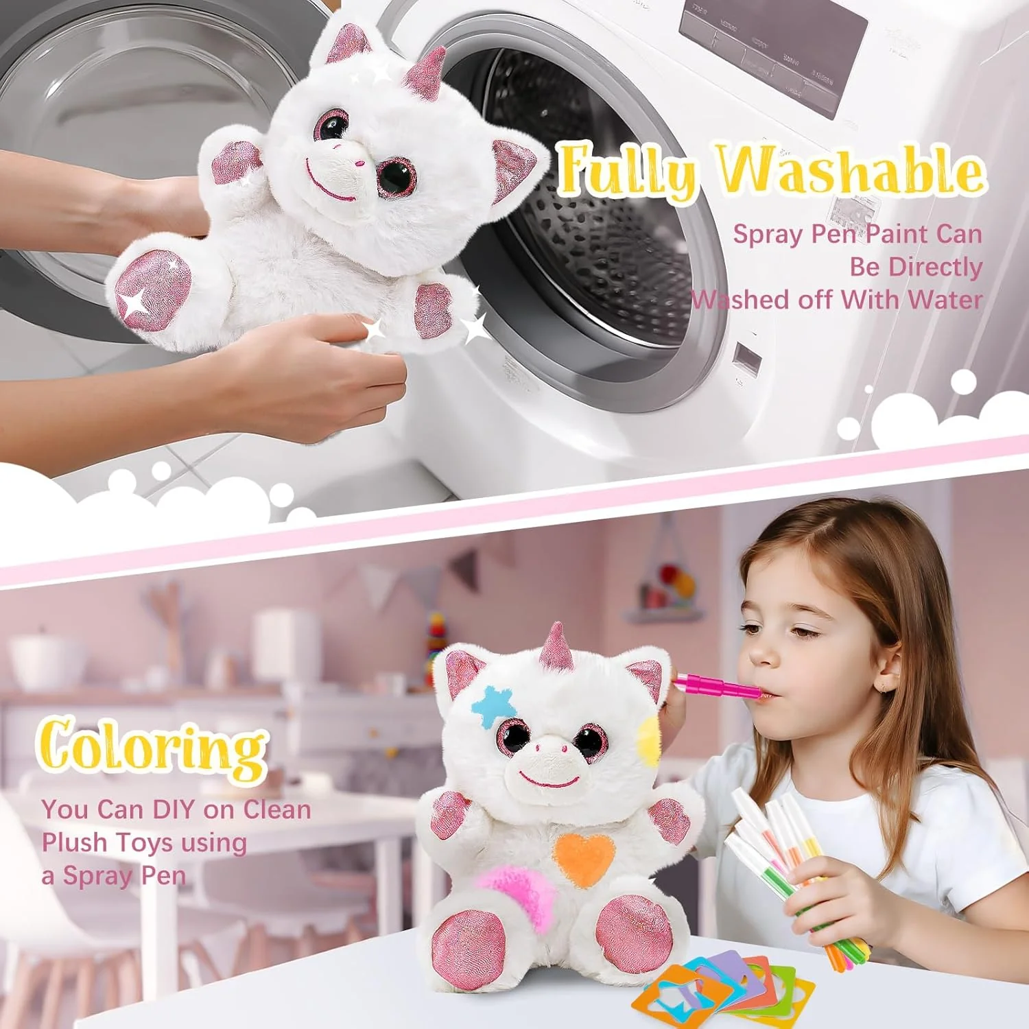 Einhorn Geschenke für Mädchen, Spielzeug Einhorn Kuscheltier mit Drück-Wasser-Badewanne & Waschbaren - Image 5