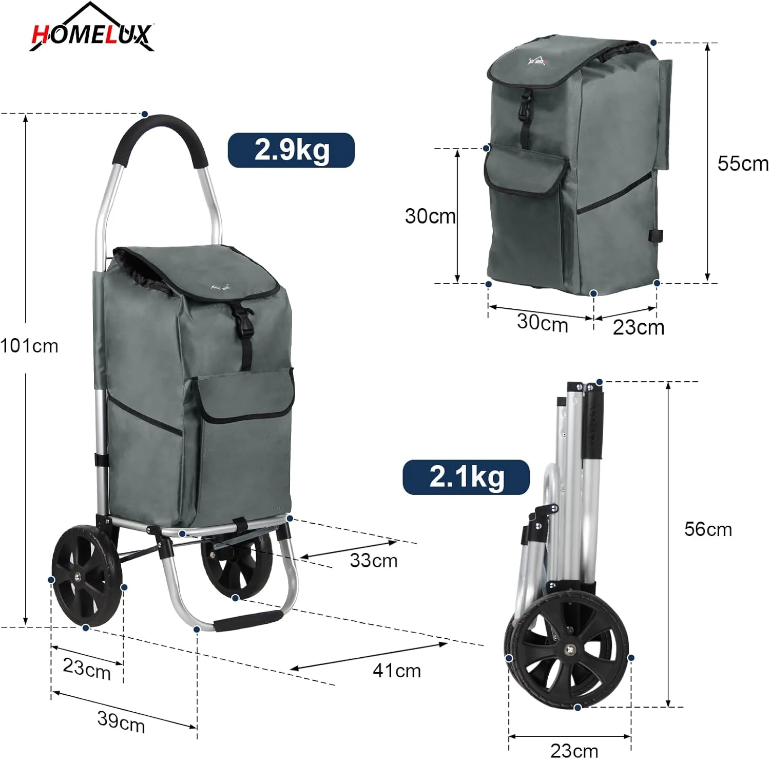Einkaufstrolley, HOMELUX klappbar, Stabiler Einkaufswagen, grosse Kapazität 41 L, multifunktional, H - Image 6