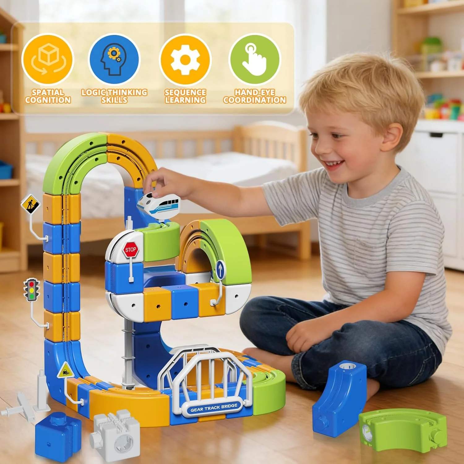 Eisenbahn Elektrisch Cube Track, 225pcs Electric Train Set Spielzeug ab 3 4 5 6 7 8 Jahre 3D Schwerk - Image 4