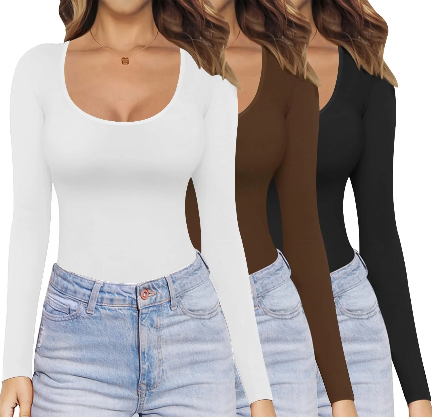 Ekouaer Langarmshirt Damen 1er/3er Pack Dünn Unterhemd Layer Tee Sexy Thermo Shirt Slim Fit Basic To