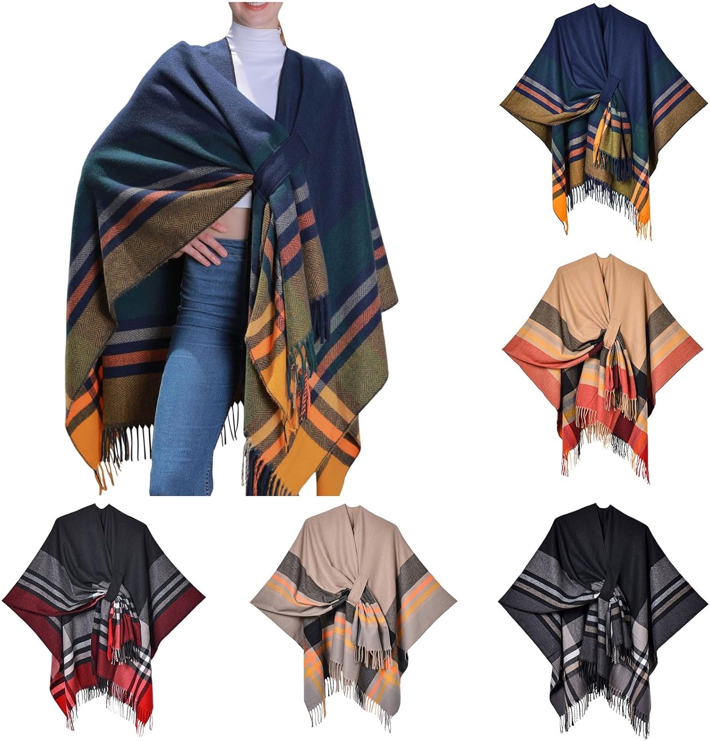 Eleganter Bequemer Damen Poncho Pullover mit Chevronstreifen und Fransen Poncho Cape Retro Cardigans - Image 4