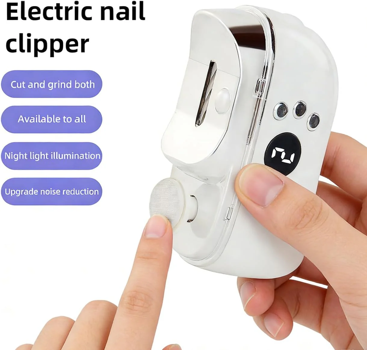 Elektrischer Nagelknipser + Schrägknipser Set – 3-in-1 Nagelfeile mit LED, Alloy-Klinge, leise & vib - Image 2