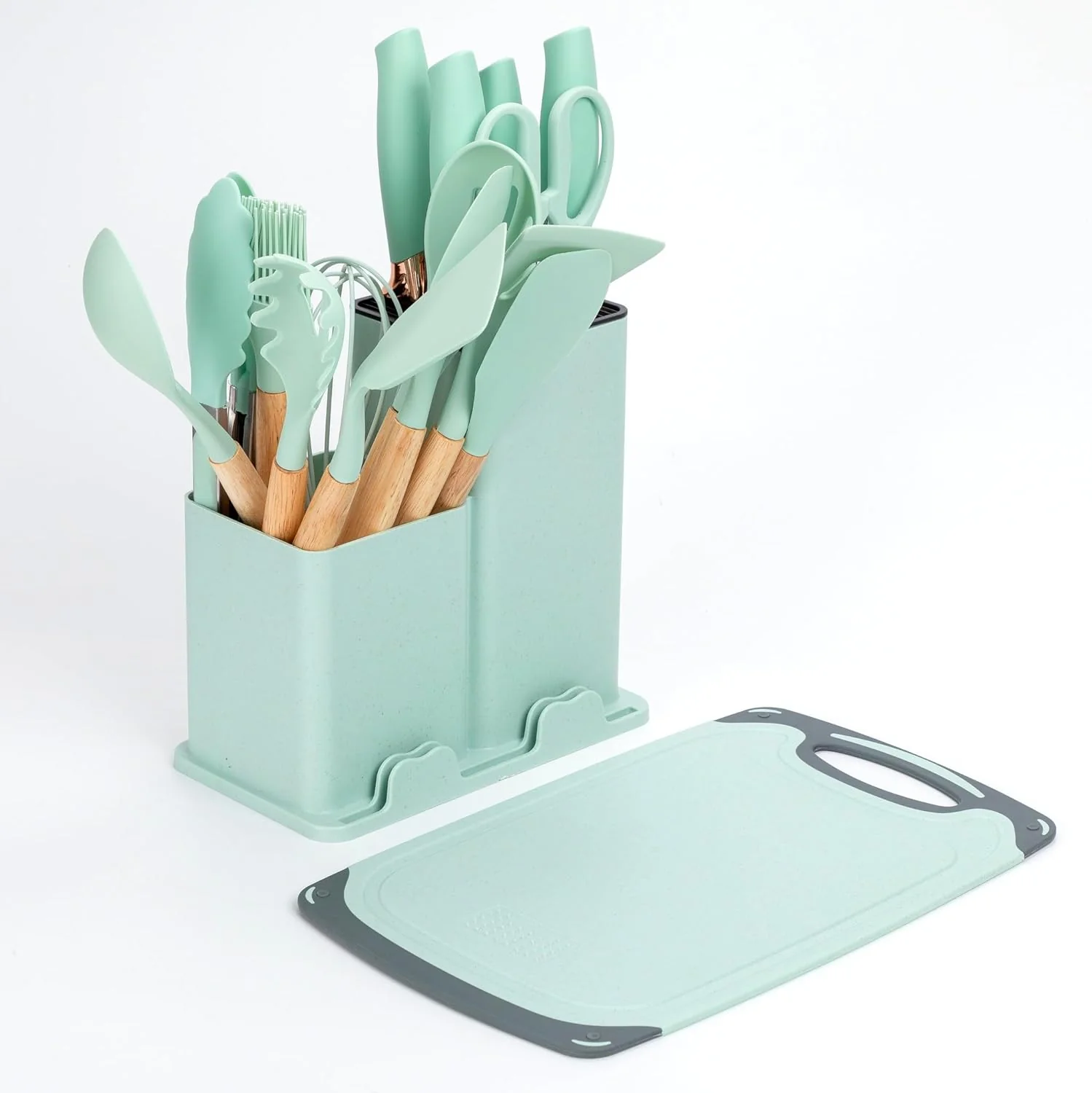 EliteHoff Küchenmesser-Set 19-teilig – Silikon-Küchenutensilien-Set mit Holzgriffen, 5 Messer, 12 Ko - Image 3