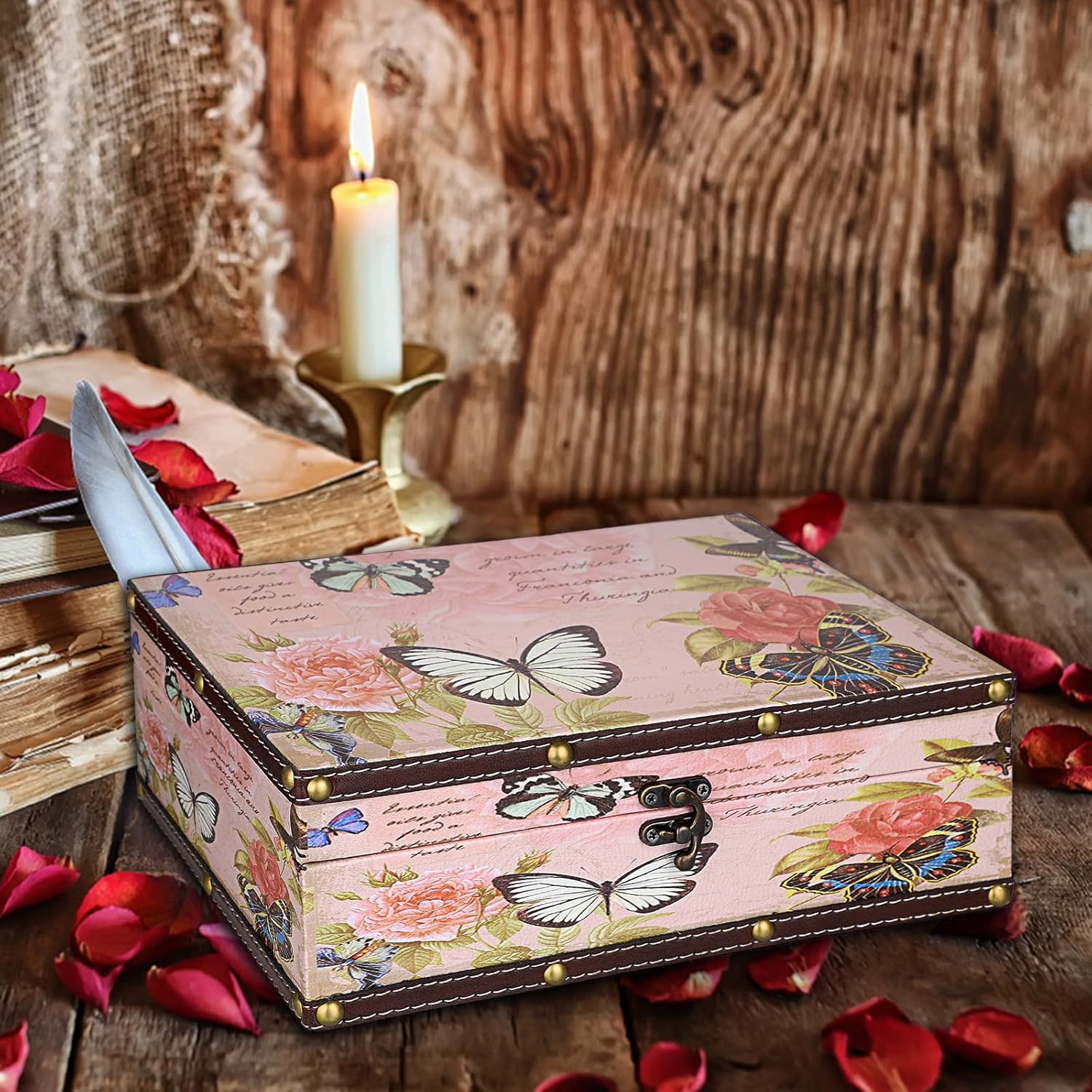 ELLDOO Aufbewahrungsbox mit Schmetterling-Schatztruhe, aus Holz und PU-Leder, dekorative Box für Sch - Image 7