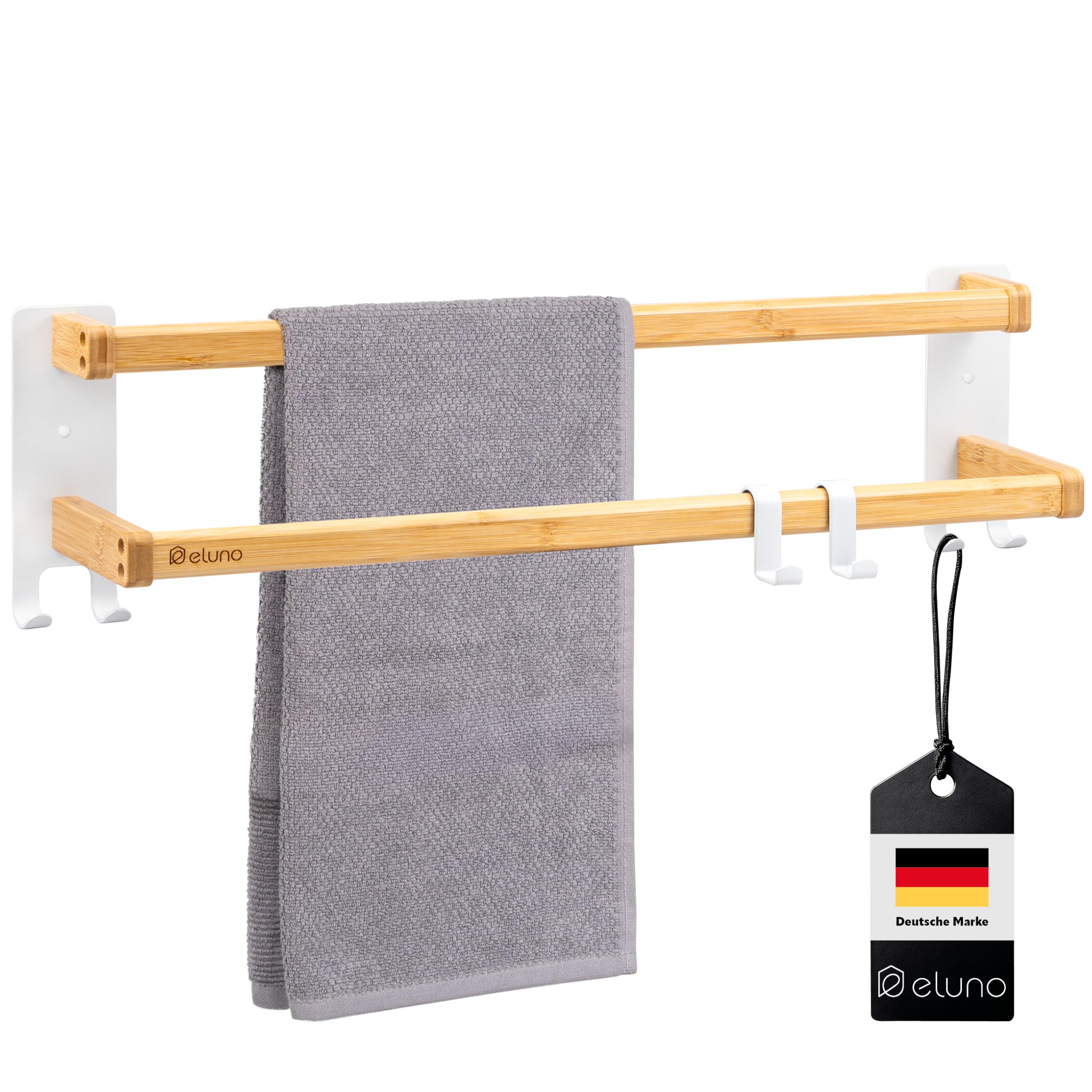 eluno Handtuchhalter 60 cm mit 2 Handtuchstangen und 6 praktischen Haken - mit hochwertigem Klebeban