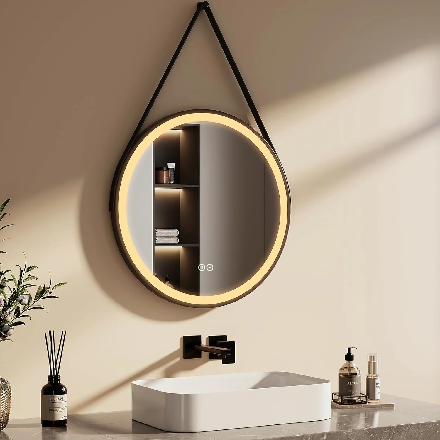 EMKE Badspiegel Rund Schwarz 60 cm, Badspiegel mit Beleuchtung und Touchschalter, 3 dimmbare Lichtfa - Image 2