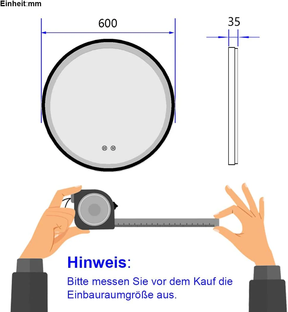 EMKE Badspiegel Rund Schwarz 60 cm, Badspiegel mit Beleuchtung und Touchschalter, 3 dimmbare Lichtfa - Image 6