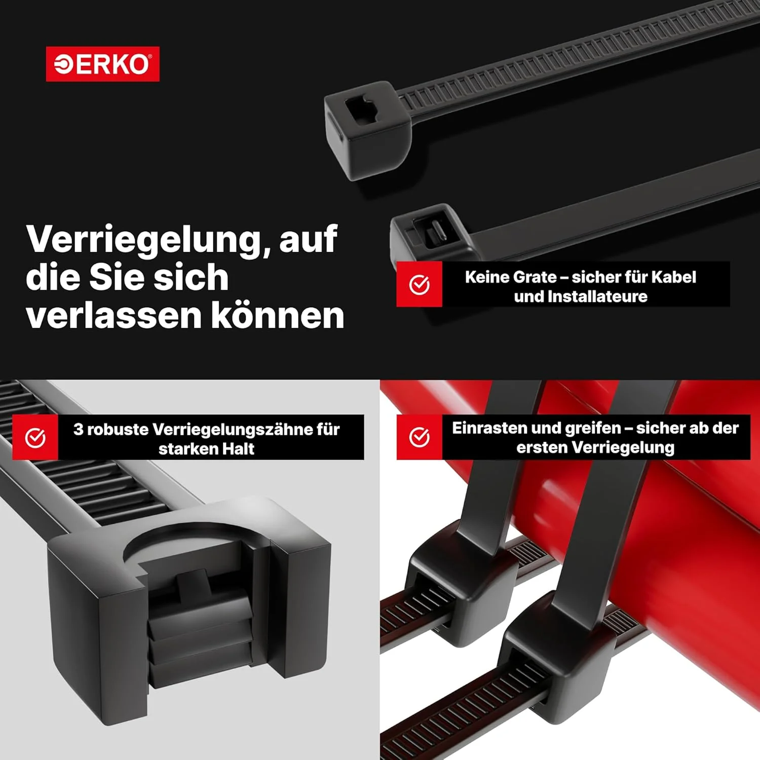ERKO Kabelbinder Schwarz 780 x 9,0 mm 100 Stück UV-Beständig 80kg Zugfestigkeit für Kabelmanagement - Image 5