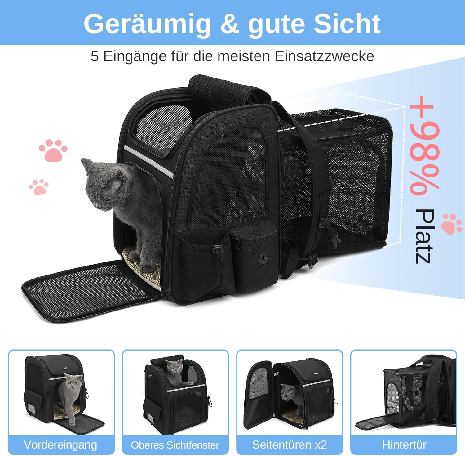 Erweiterbar Katzenrucksack mit Netzfenster, Tragbare und Faltbare Haustier Rucksack mit Innerer Sich - Image 2