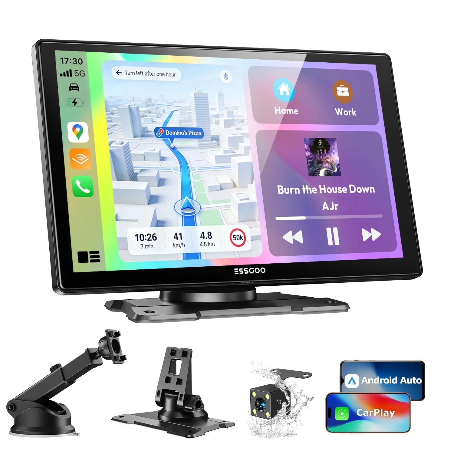 ESSGOO Carplay Android Auto Display mit Rückfahrkamera,9 Zoll Carplay Bildschirm für Apple/Android A