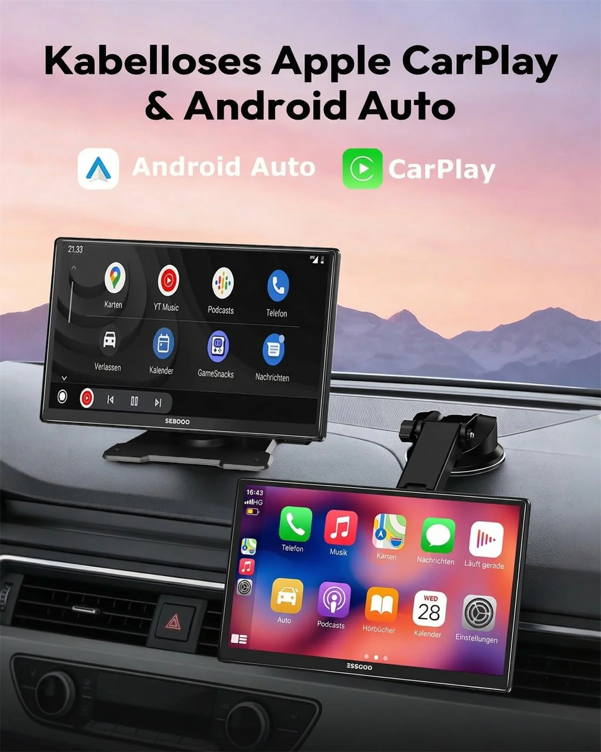 ESSGOO Carplay Android Auto Display mit Rückfahrkamera,9 Zoll Carplay Bildschirm für Apple/Android A - Image 2