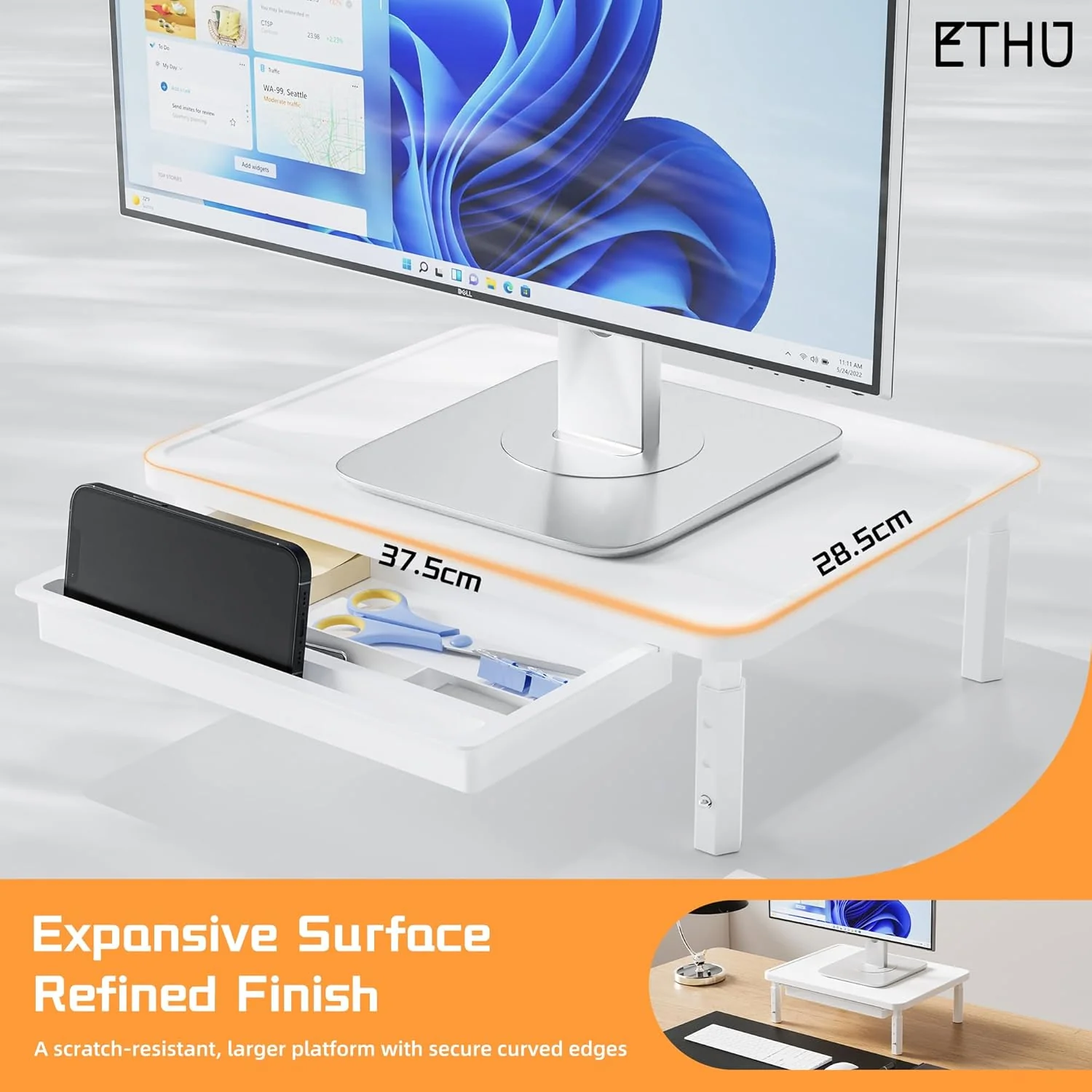 ETHU Monitorständer Holz, 3-Fach Höhenverstellbar Monitor Stand Riser mit Schublade 37,5x28,5cm, Bel - Image 2