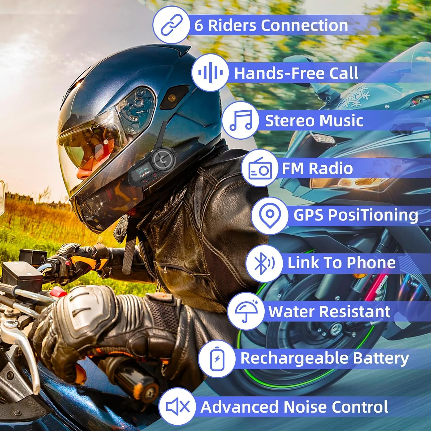 EuroFone Motorrad Bluetooth Headset,Motorrad Bluetooth Gegensprechanlage mit LED-Bildschirm für 6 Fa - Image 6
