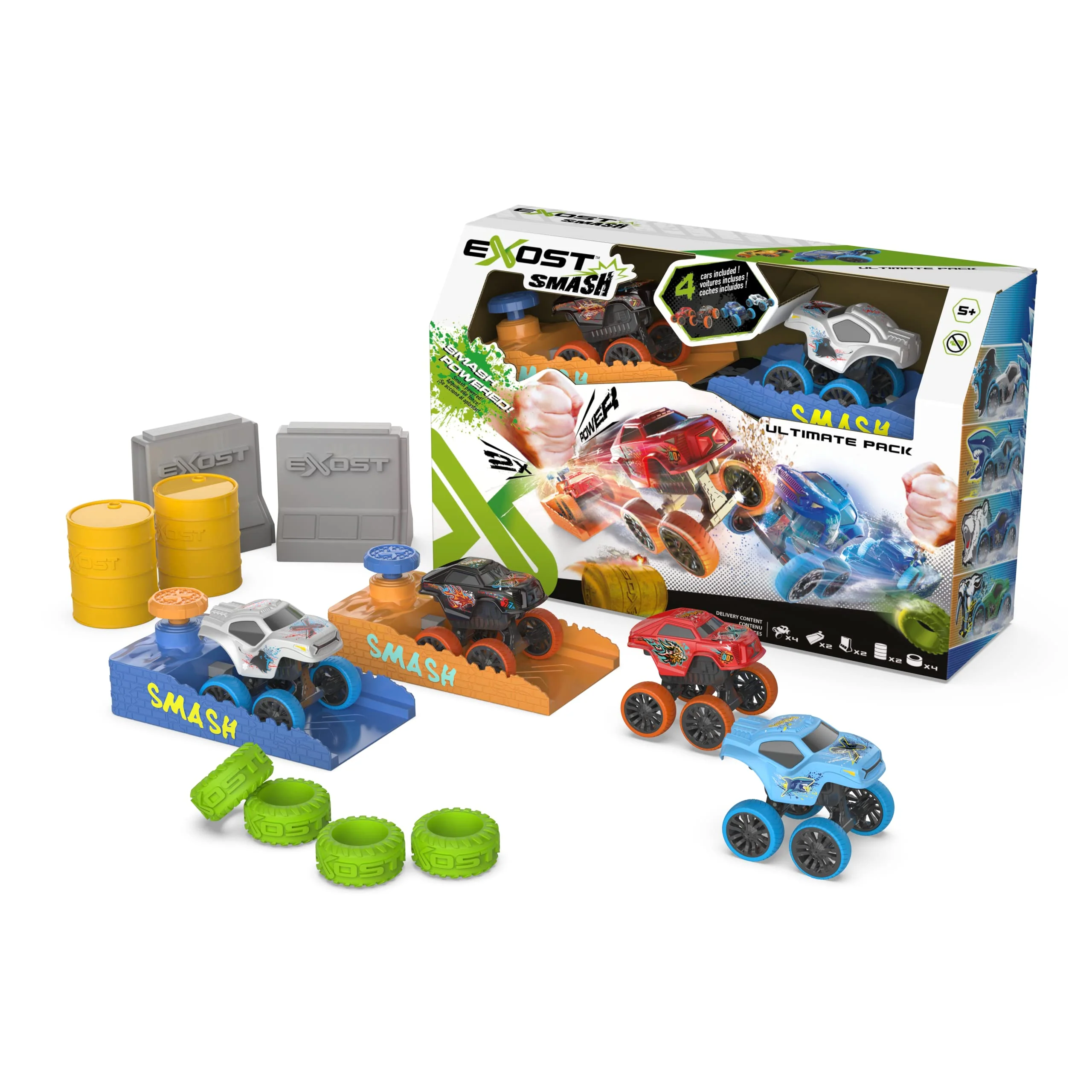 Exost Mega Pack Booster (4 voitures Smash&Go + 2 boosters + Accessoires), Mega Pack Booster