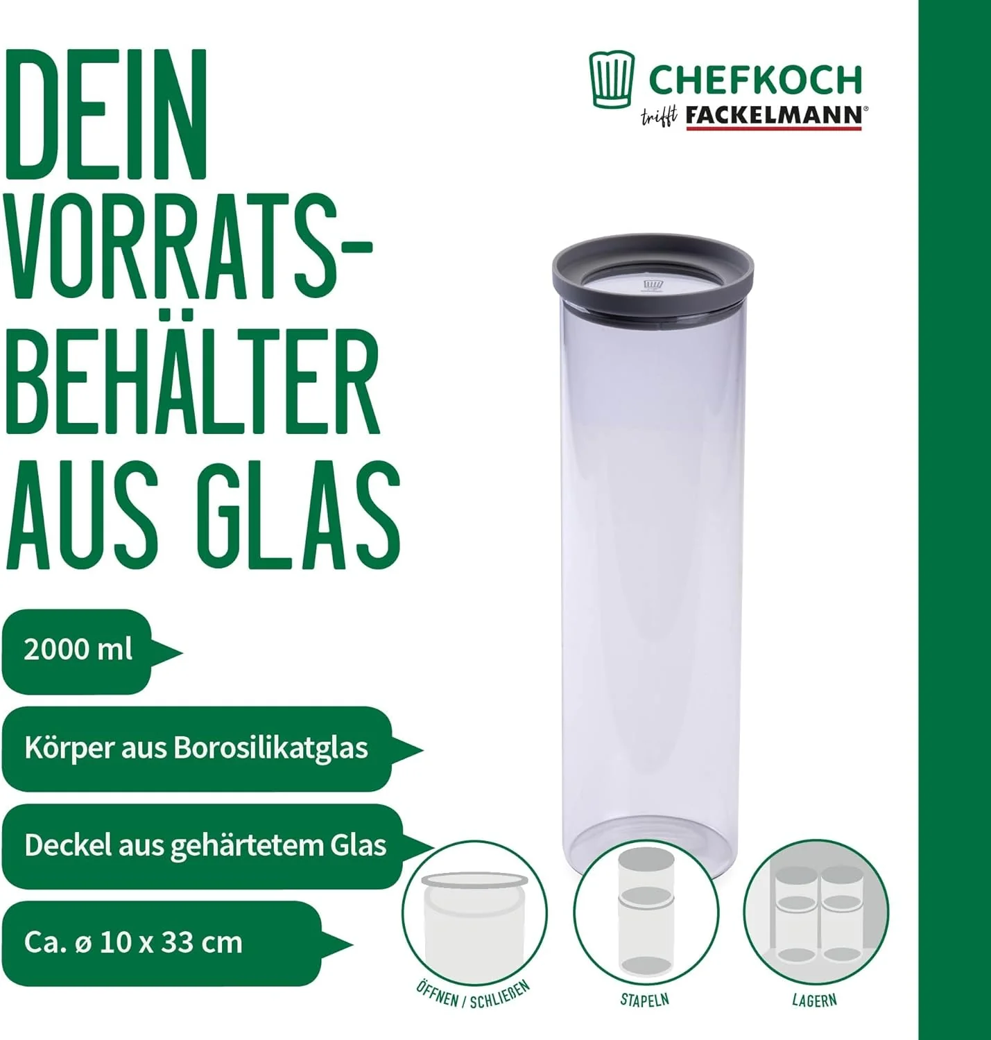 FACKELMANN Chefkoch trifft Vorratsbehälter mit Glasdeckel – 2 L, Borosilikatglas, luftdicht & stapel - Image 2