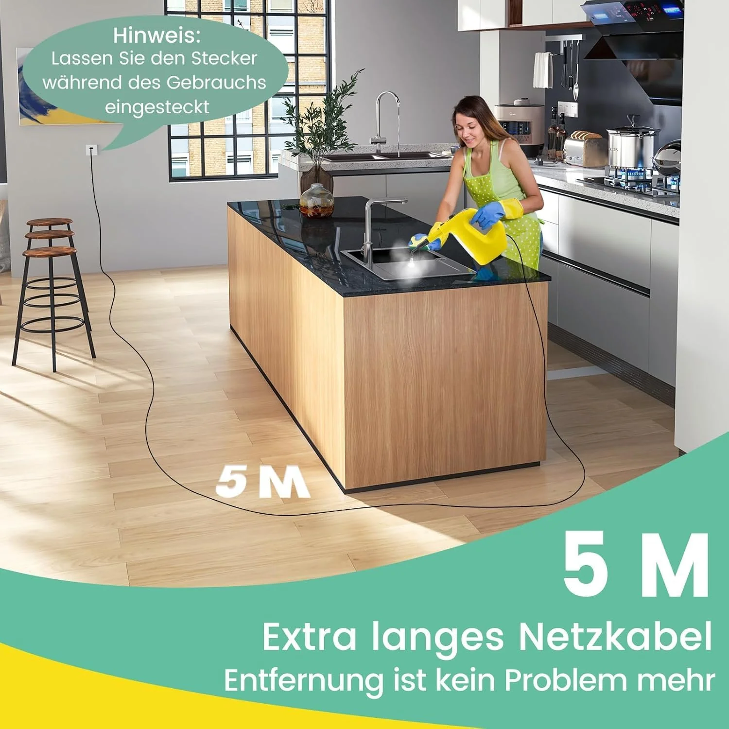 FANTASK 1500W Dampfreiniger bis zu 125℃ in Gelb, mit 400ML Tank, Aufheizzeit: 1 min, Dampfreiniger H - Image 4