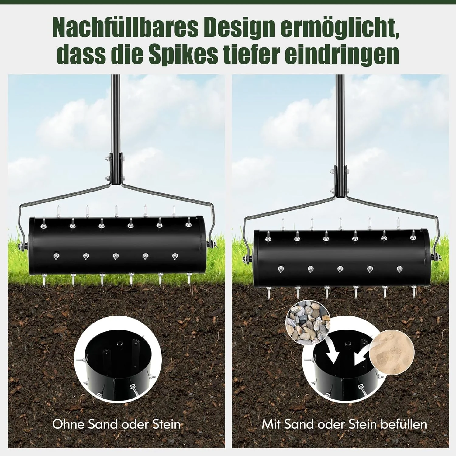 FANTASK Rasenlüfter Walze manuell, 53 x 130 cm, Rasenrolle mit Stiel & Nägeln, Handvertikutierer rol - Image 3