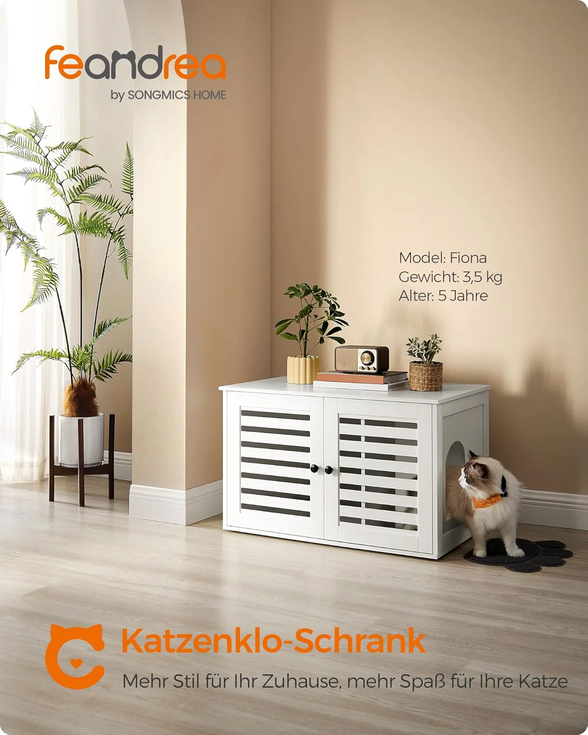 Feandrea Katzenklo-Schrank, Katzenhaus mit herausnehmbarer Trennwand, 2 Lamellentüren, Katzentoilett - Image 2