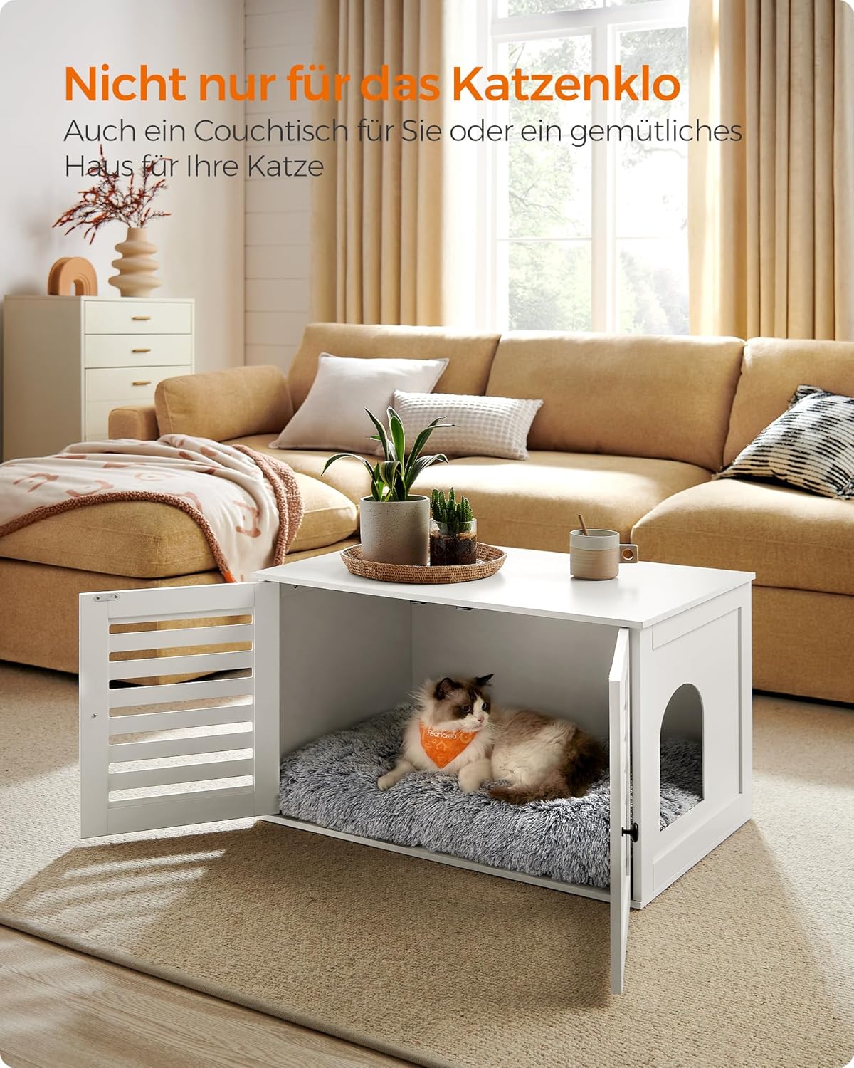 Feandrea Katzenklo-Schrank, Katzenhaus mit herausnehmbarer Trennwand, 2 Lamellentüren, Katzentoilett - Image 3