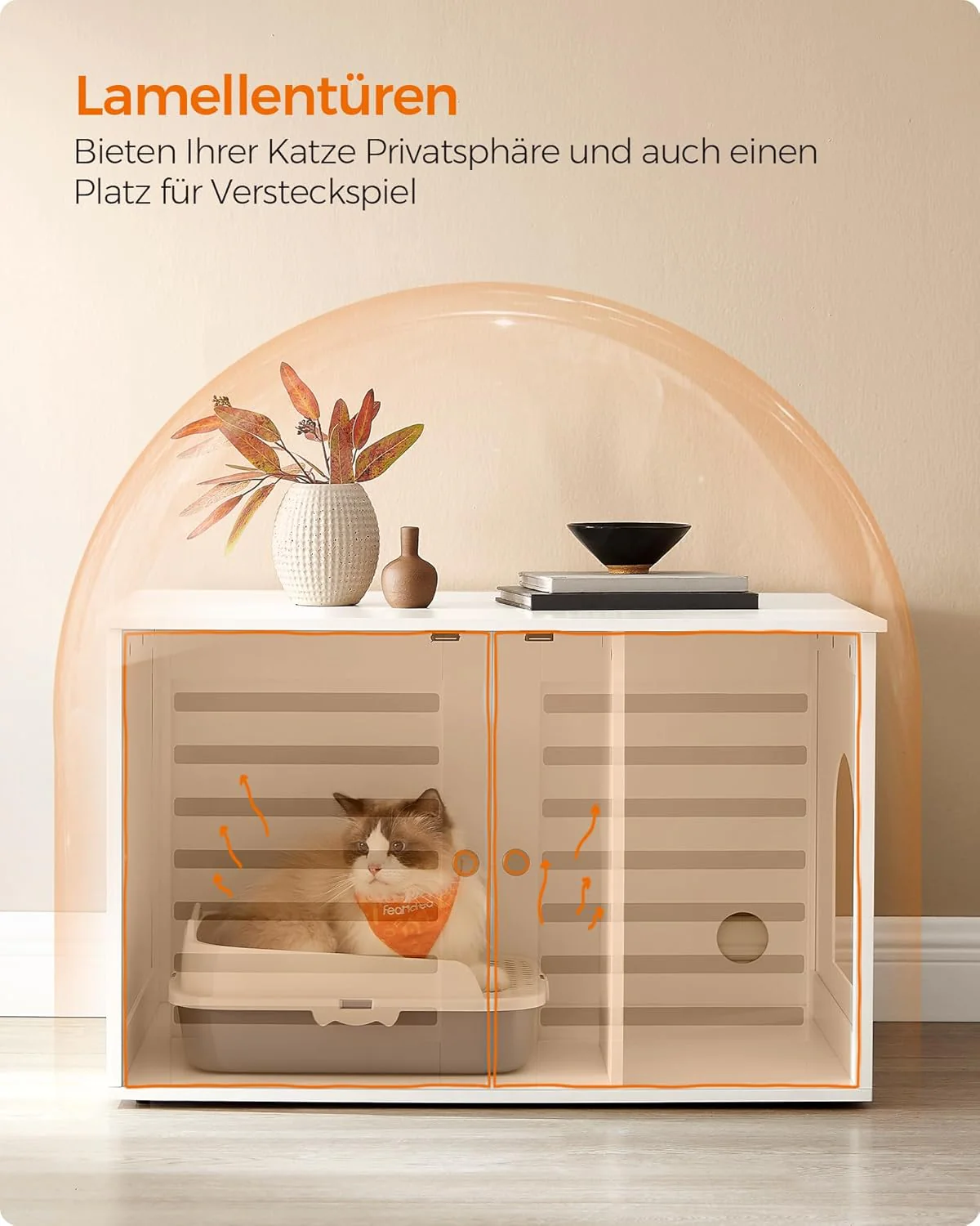 Feandrea Katzenklo-Schrank, Katzenhaus mit herausnehmbarer Trennwand, 2 Lamellentüren, Katzentoilett - Image 4