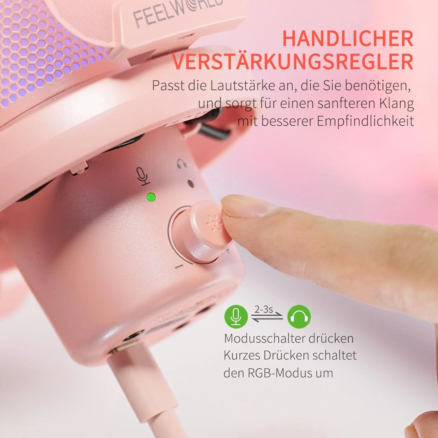 FEELWORLD VM1 USB-Gaming-Mikrofon für die Aufnahme von Podcasts,Pink Formfaktor,Studio PC Mikrofon m - Image 3