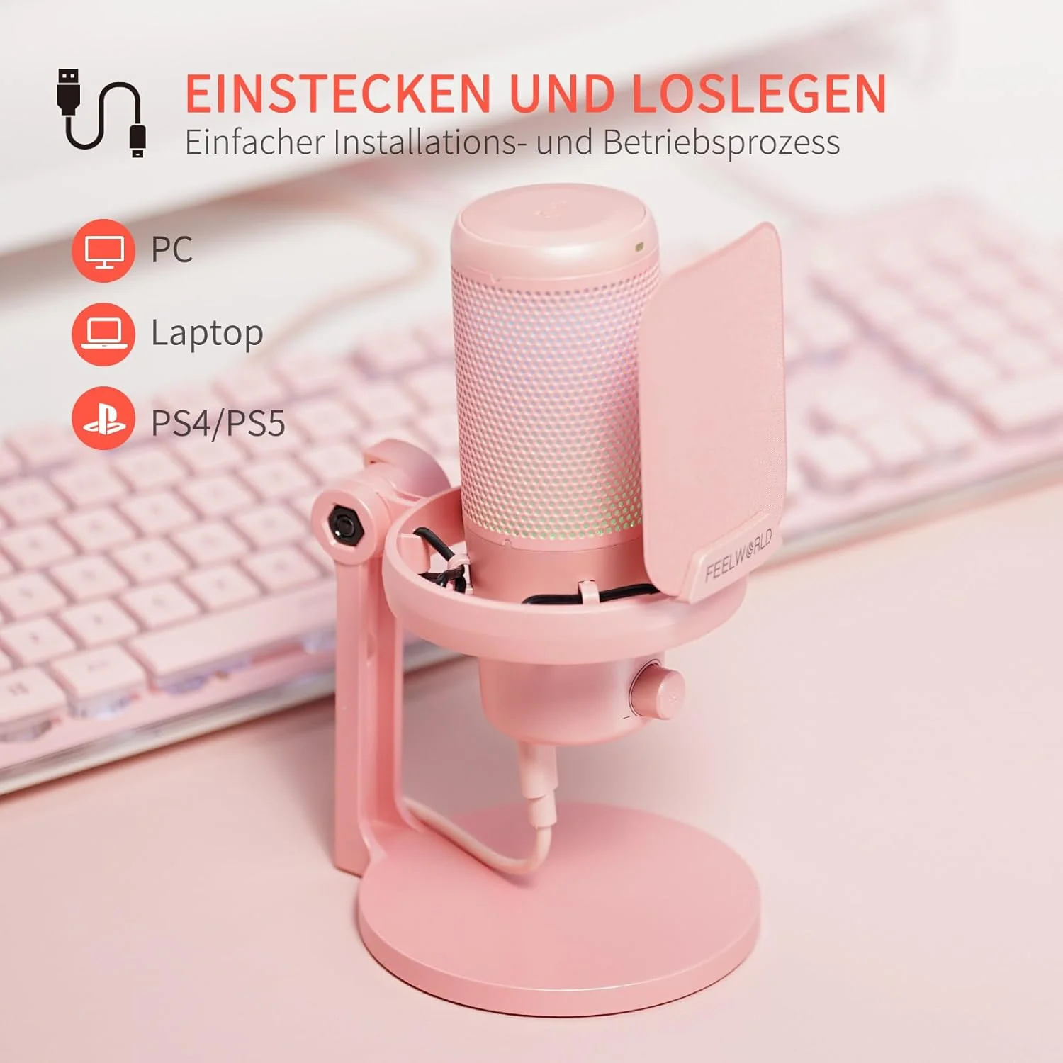 FEELWORLD VM1 USB-Gaming-Mikrofon für die Aufnahme von Podcasts,Pink Formfaktor,Studio PC Mikrofon m - Image 5