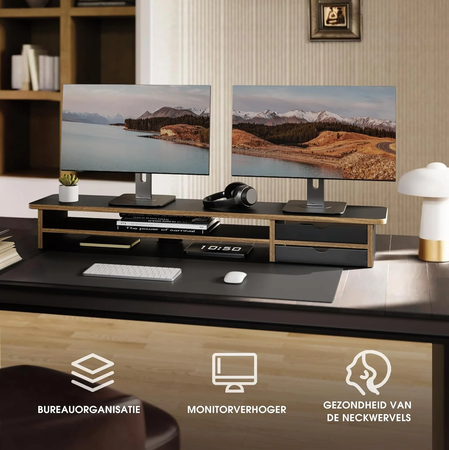 Fenge Dual Monitorständer Riser mit 2 Acryl Schubladen 108cm Grosse Computer Bildschirmständer für P - Image 3