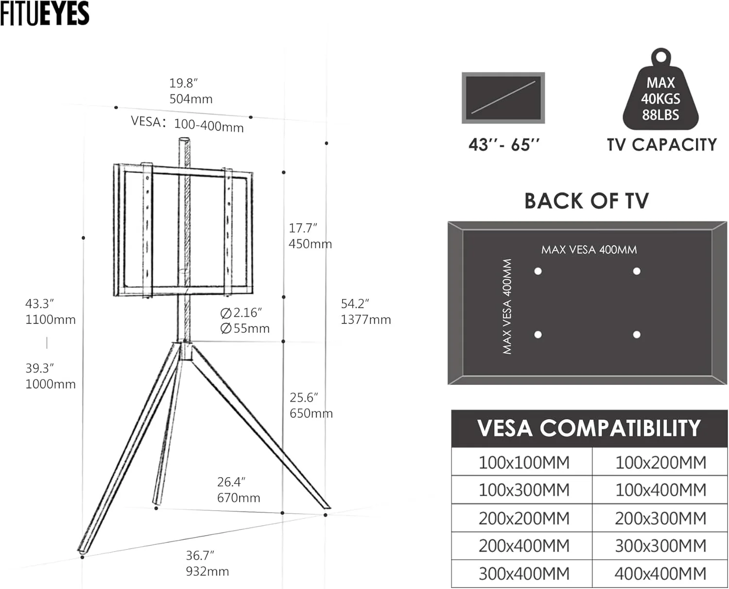 FITUEYES Design TV Ständer im Staffelei Design TV Standfuss für 43-65 Zoll Fernseher bis 40 KG TV St - Image 6