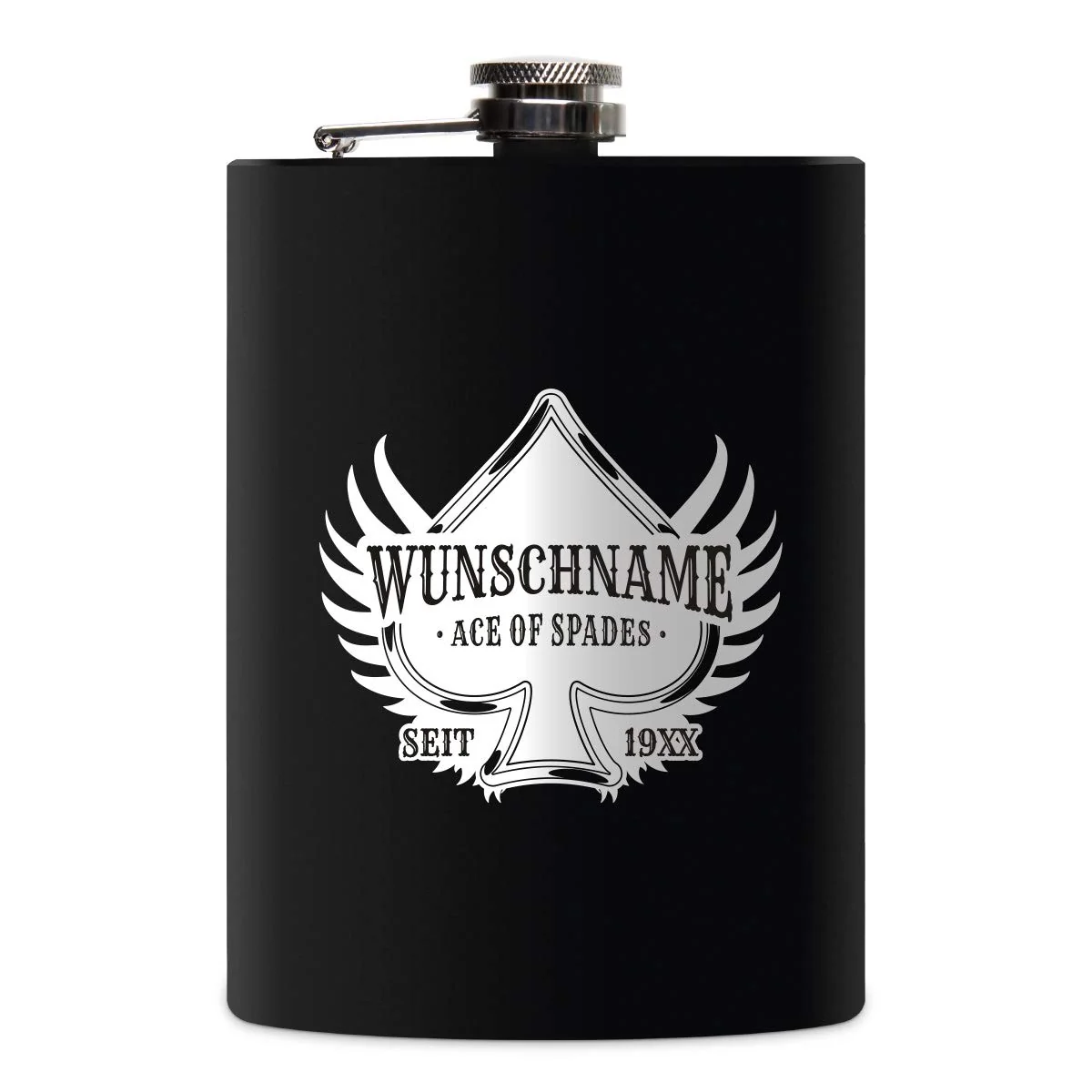 Flachmann Edelstahl Schwarz Matt 237 ml 8 oz individuelle Gravur in Silber - Ace of Spades, Ace of S