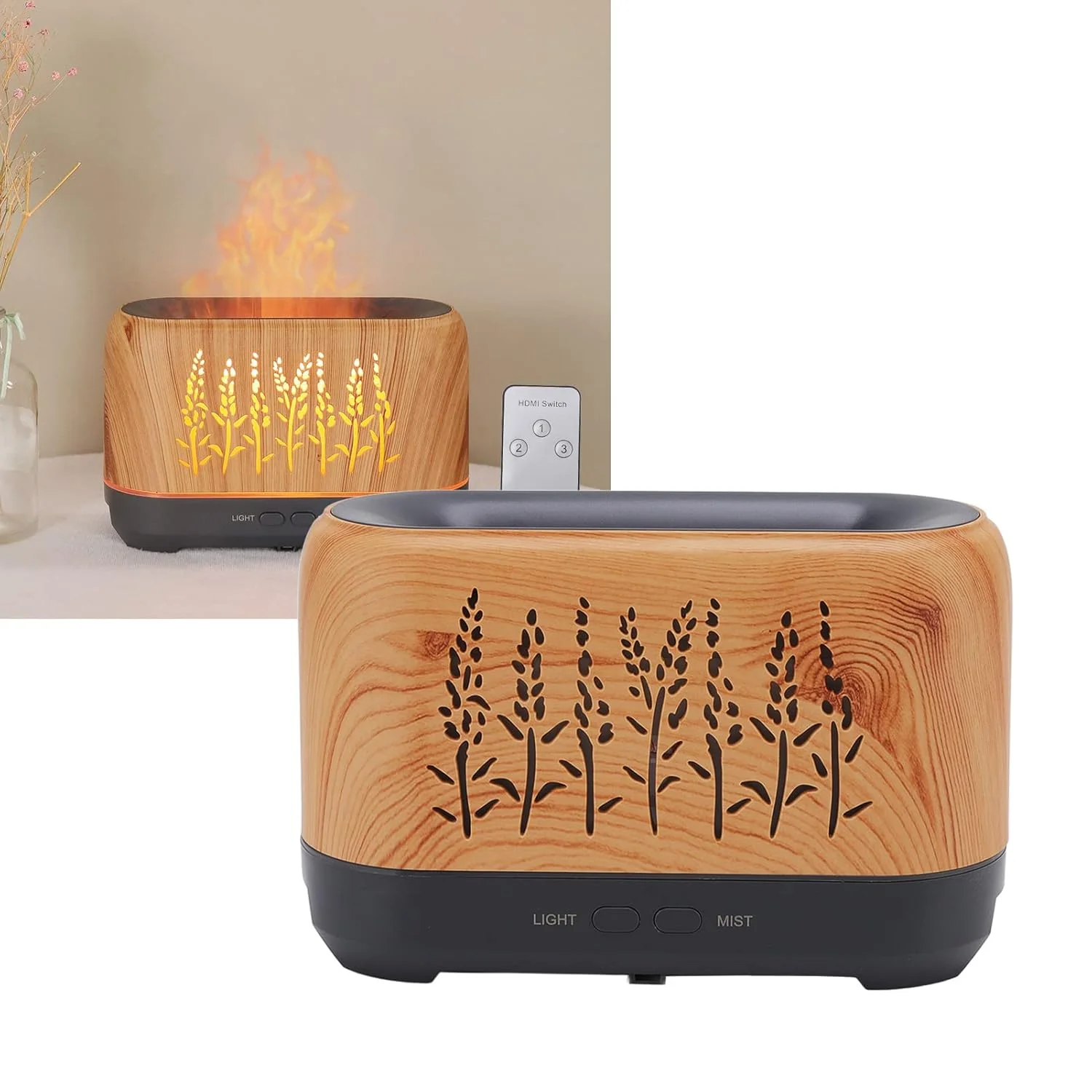 Flammen-Luftbefeuchter, Aromatherapie-Luftbefeuchter mit heller Holzmaserung, tragbar, automatische - Image 3