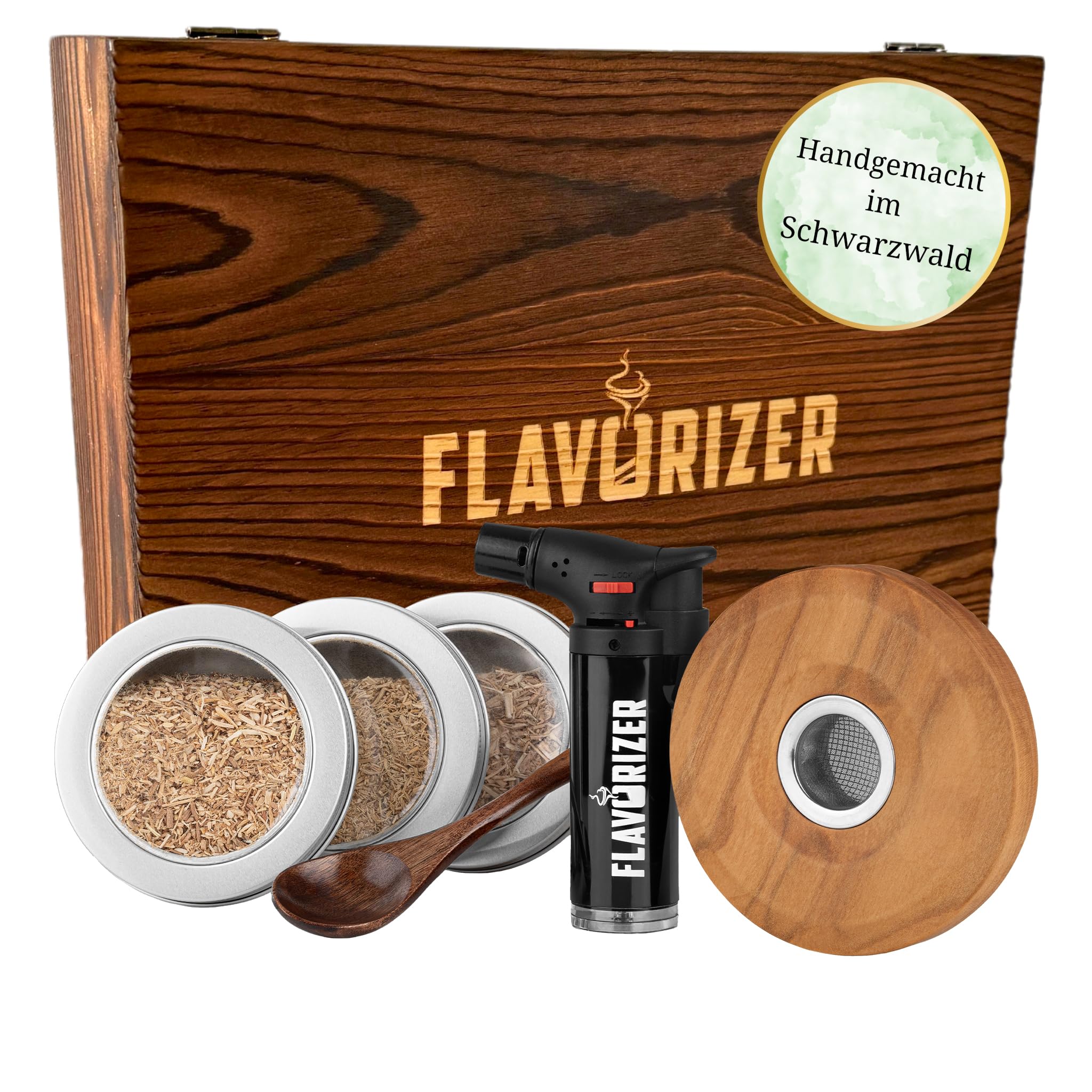 Flavorizer Cocktail Smoker Premium Komplett Set handgemacht im Schwarzwald mit edler Holzbox- Holzch