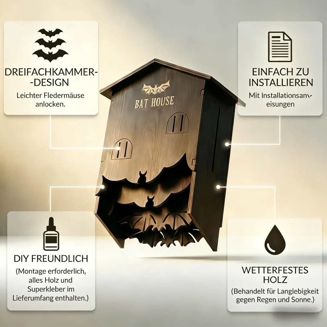 Fledermauskasten aus Holz mit 3-Kammer-System für bessere Ansiedlung, DIY-Bausatz, einfach zu montie - Image 3