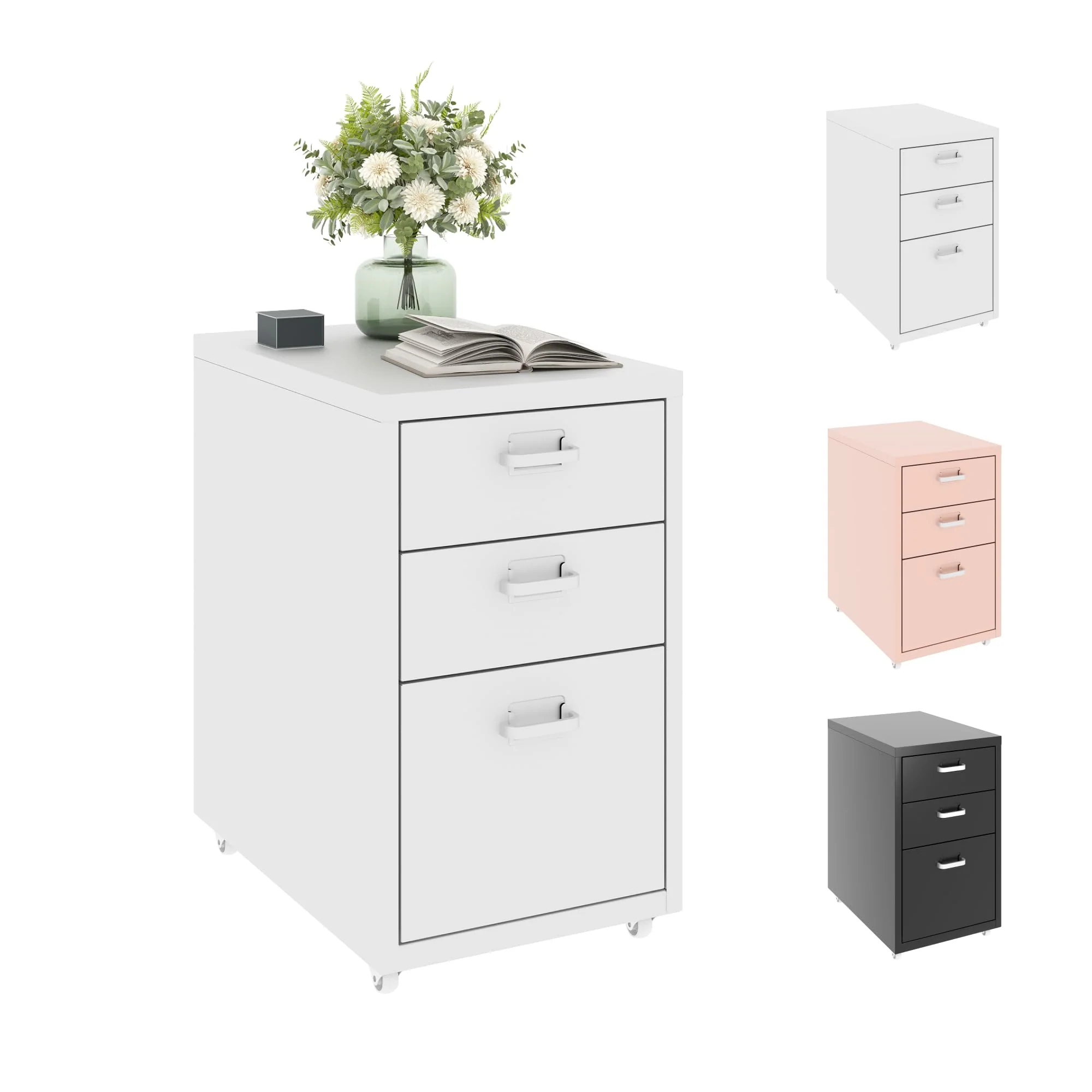 FLEXISPOT Rollcontainer Büroschrank mit 3 Schubladen, Aktenschrank Metallschrank Kommode mit Rädern,