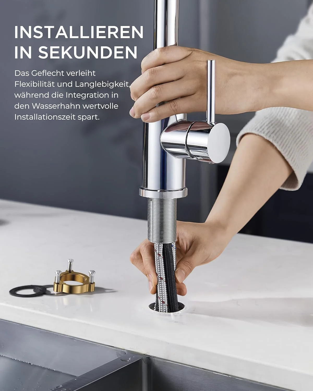 FORIOUS Wasserhahn Küche, Küchenarmatur Ausziehbar mit Brause, Spültischarmatur Küche, L-förmiger Ed - Image 6