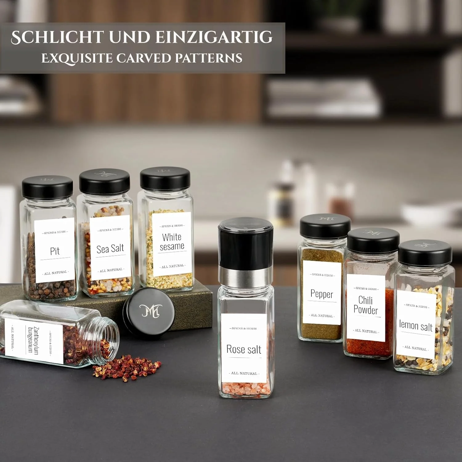 FRIBERG Gewürzgläser Eckig Set 20er,Gewürzstreuer Glas mit Edelstahldeckeln 120ml,mit 2 gewürzmühle - Image 4