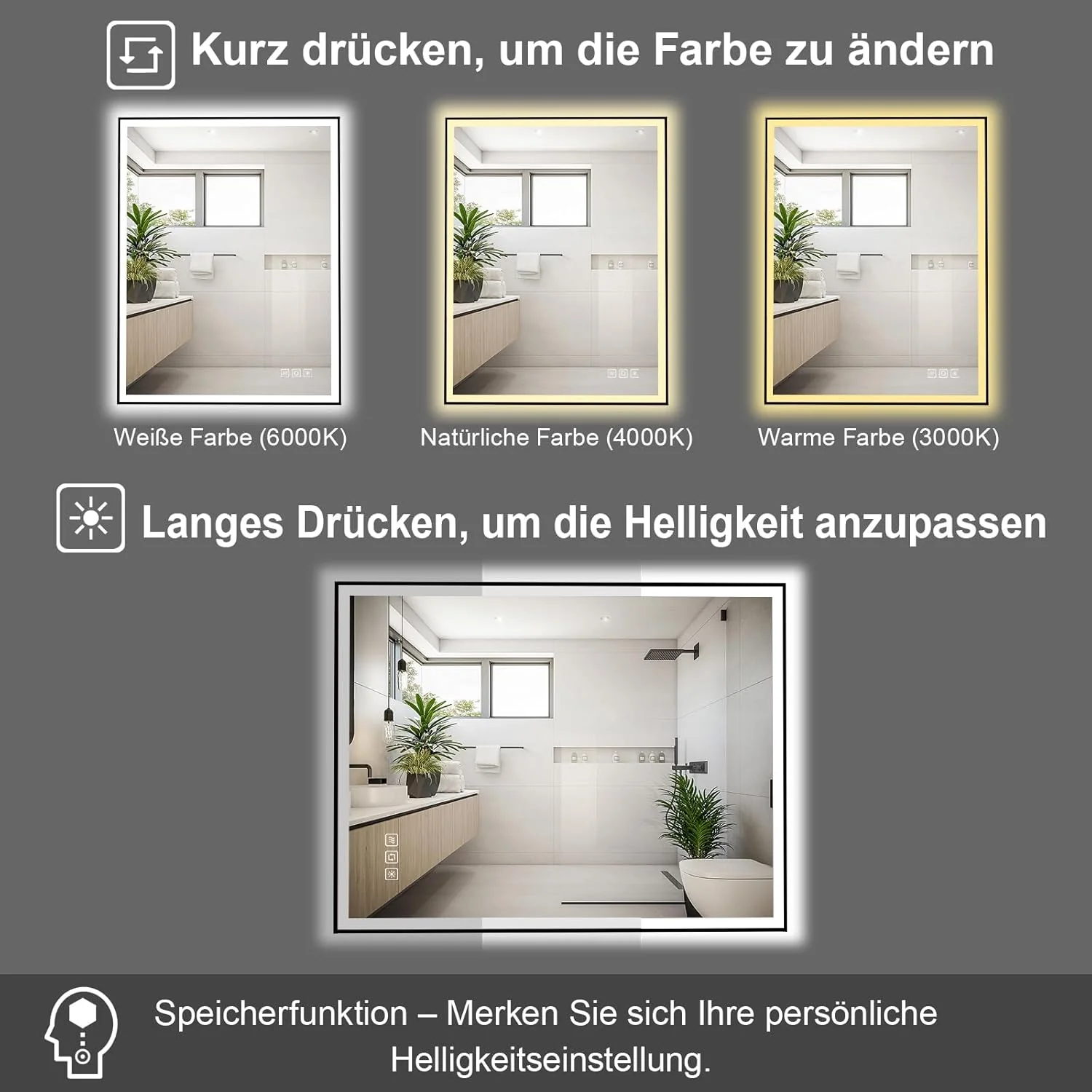 furduzz LED-Badezimmerspiegel mit schwarzem Rahmen, 500 x 700 mm, Kosmetikspiegel mit Hintergrundbel - Image 4