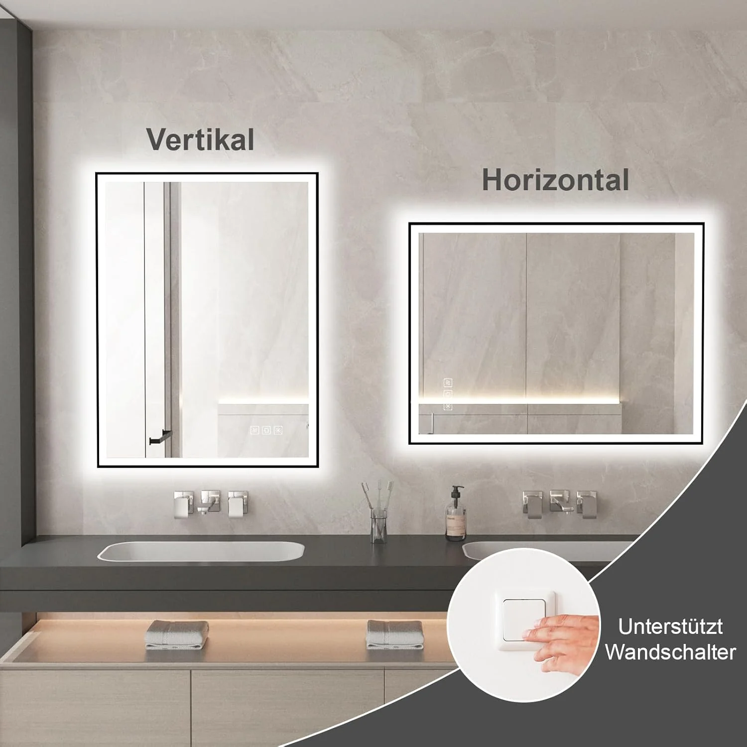 furduzz LED-Badezimmerspiegel mit schwarzem Rahmen, 500 x 700 mm, Kosmetikspiegel mit Hintergrundbel - Image 6
