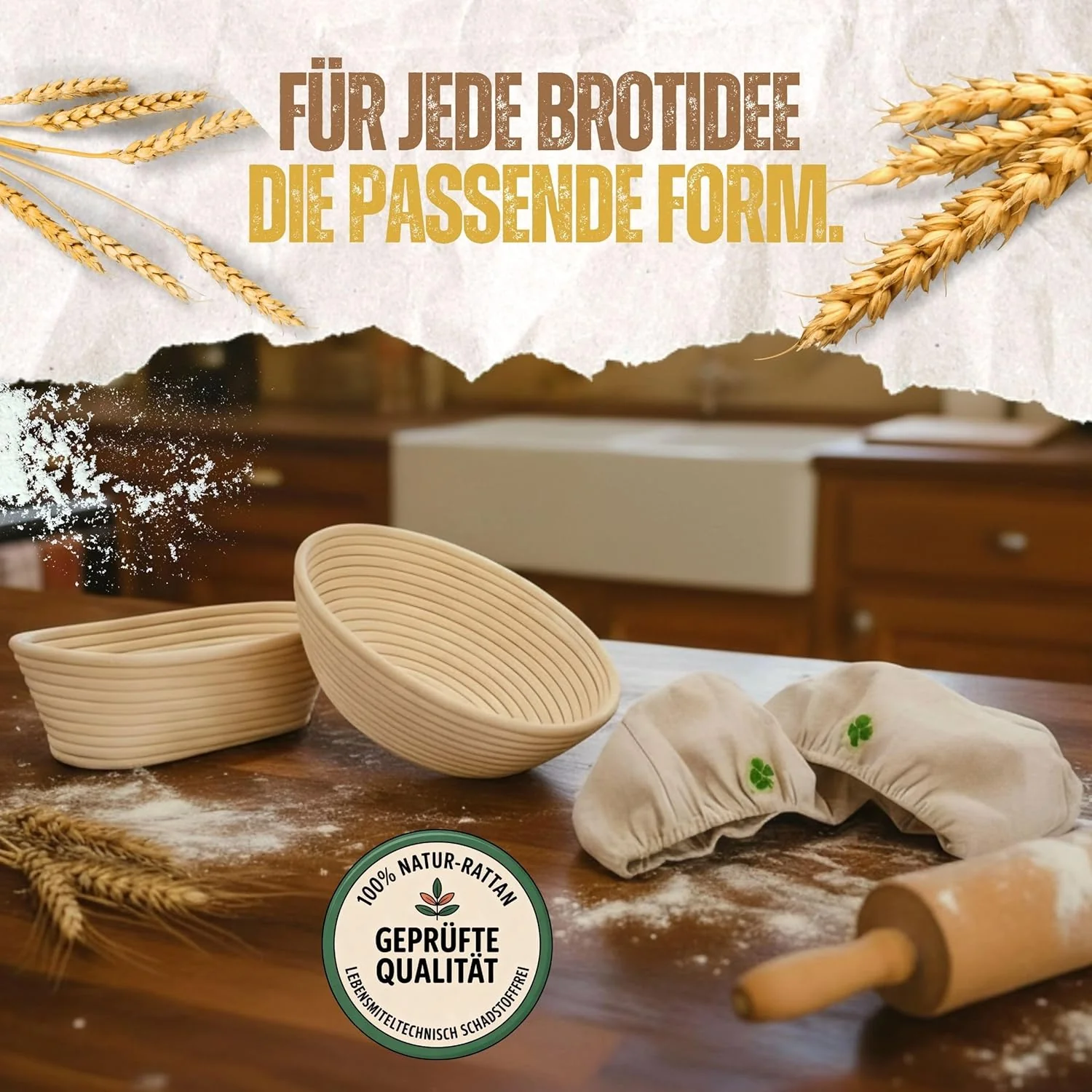 Gärkörbchen oval 25 cm für längliche Brote - 100% Natur-Rattan inkl. waschbarem Überzug, Gärkorb als - Image 8